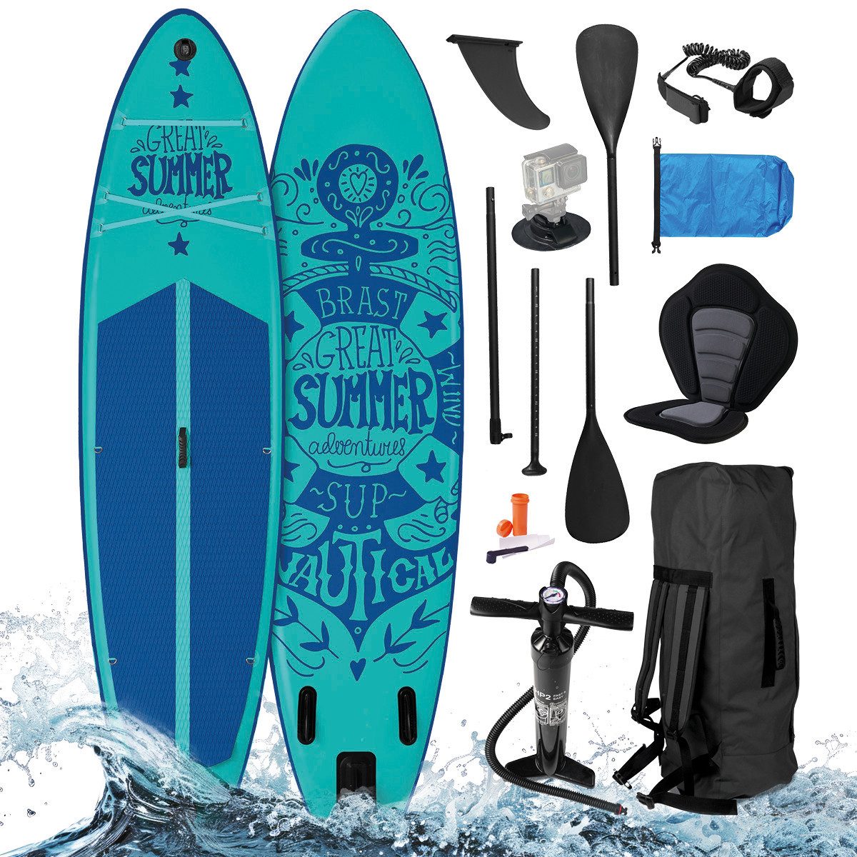 BRAST SUP-Board Summer Aufblasbares Stand up Paddle Set - 320x81x15cm, 5 Jahre Garantie inkl. Sonderzubehör, (2in1 Paddel Kajak-Sitz Action-Cam-Halterung), Fußschlaufe Paddel Pumpe Rucksack