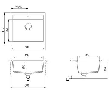 GURARI Küchenspüle SQQ 100 - 601 + DH C, (2 St), Einbau Granitspüle, Spüle Retro Schwarz+Seifenspender