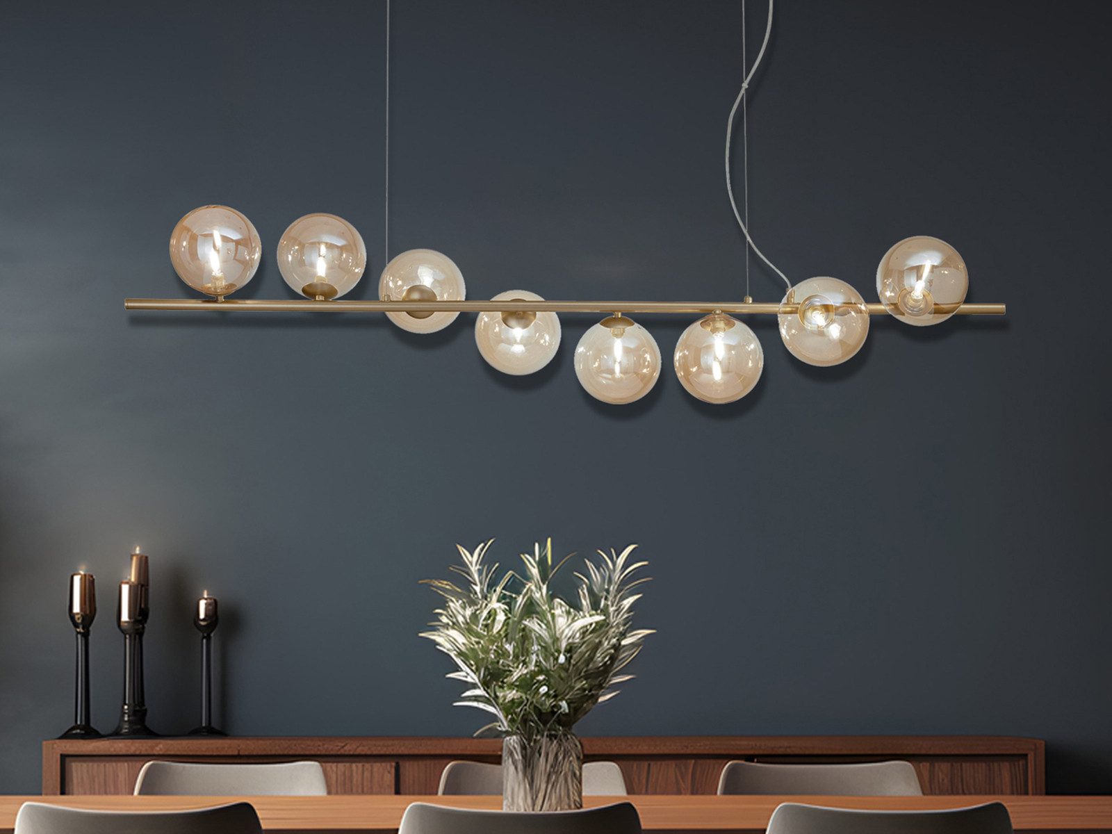 Luce Ambiente Design LED Pendelleuchte mit Glas-Kugeln Schirmen Breite 145cm, Dimmfunktion, LED wechselbar, über Schalter in 3 Stufen dimmbar, Warmweiß, ausgefallen-e Hängelampe lang hängend für Esstisch inkl. G9 LED's