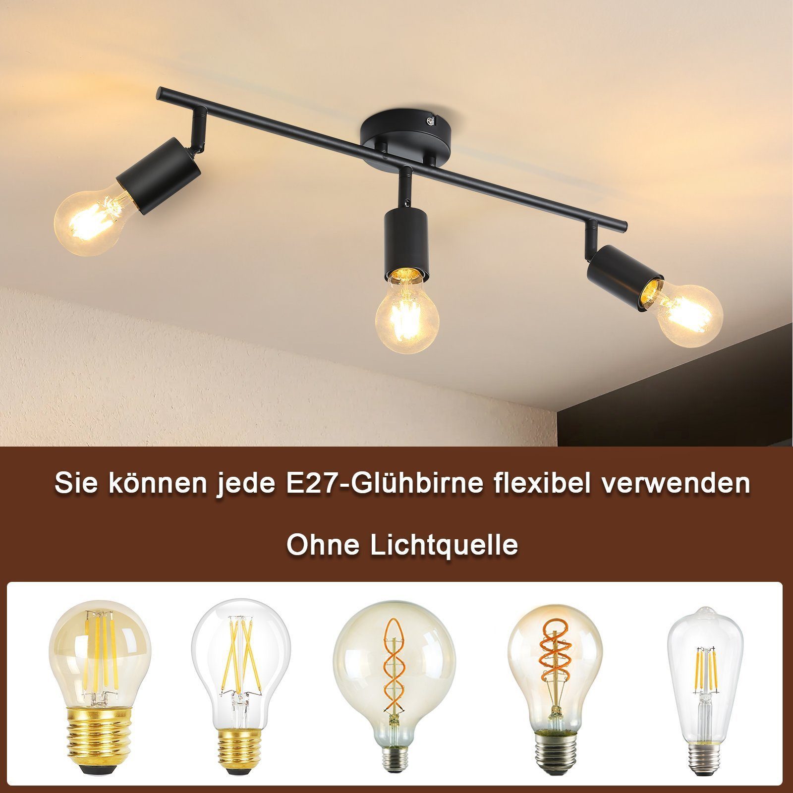 Nettlife Deckenstrahler Schwarz 1/2/3/4/6 Flammig Deckenleuchte E27 Industrial Vintage, Schwenkbar, LED wechselbar, Küche Flur Wohnzimmer Schlafzimmer – Bild 2 von 5