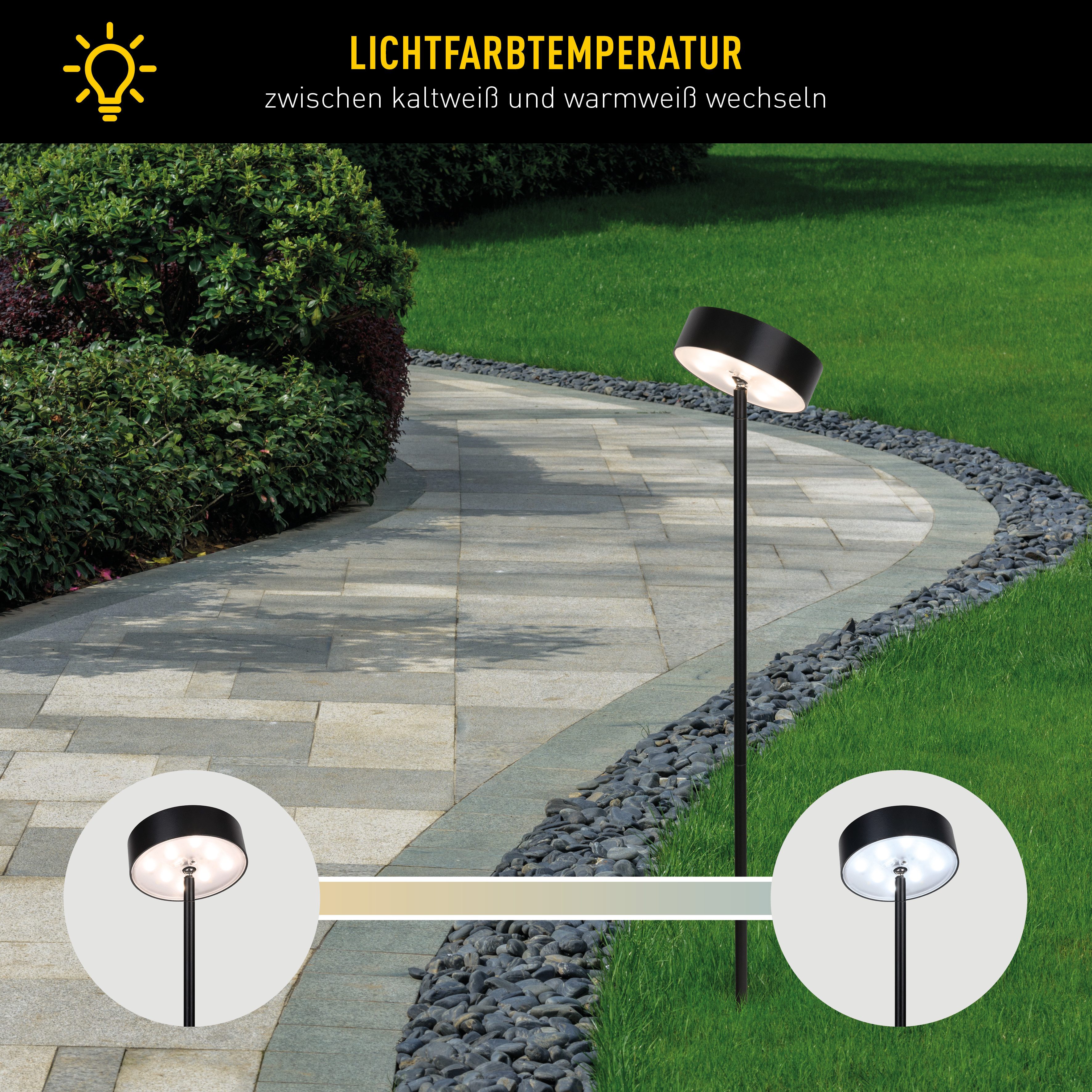 näve LED Solarleuchte Laupheim, mehrere Helligkeitsstufen, LED fest integriert, warmweiß - kaltweiß, LED Dekoerdspieß H: 56cm, schwarz, CCT, Schiebeschalter, Schirm rund