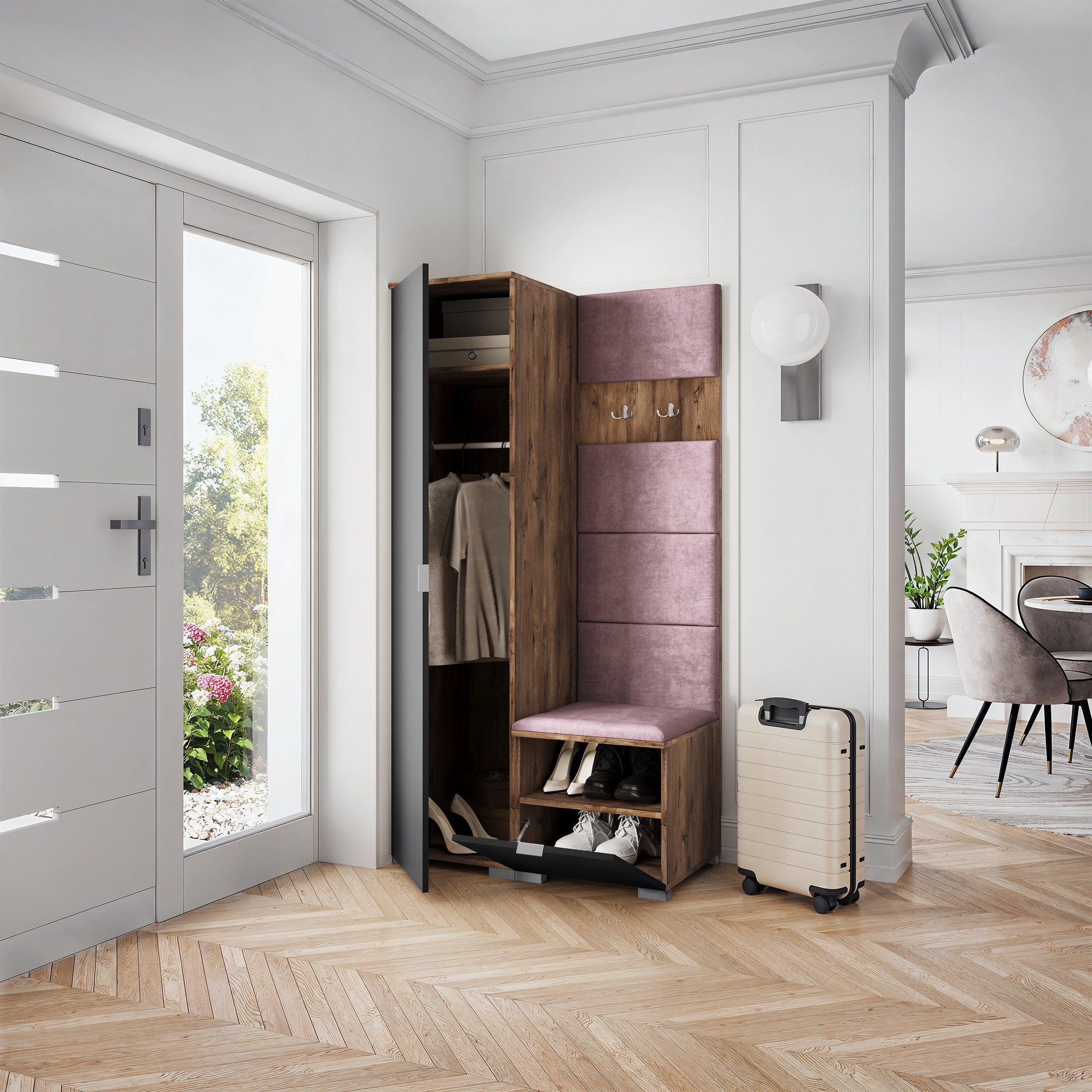 Masseno Garderobenschrank LORI 95 x 181 cm Flurmöbel Garderoben-Set mit 1 Türen Eiche Lefkas