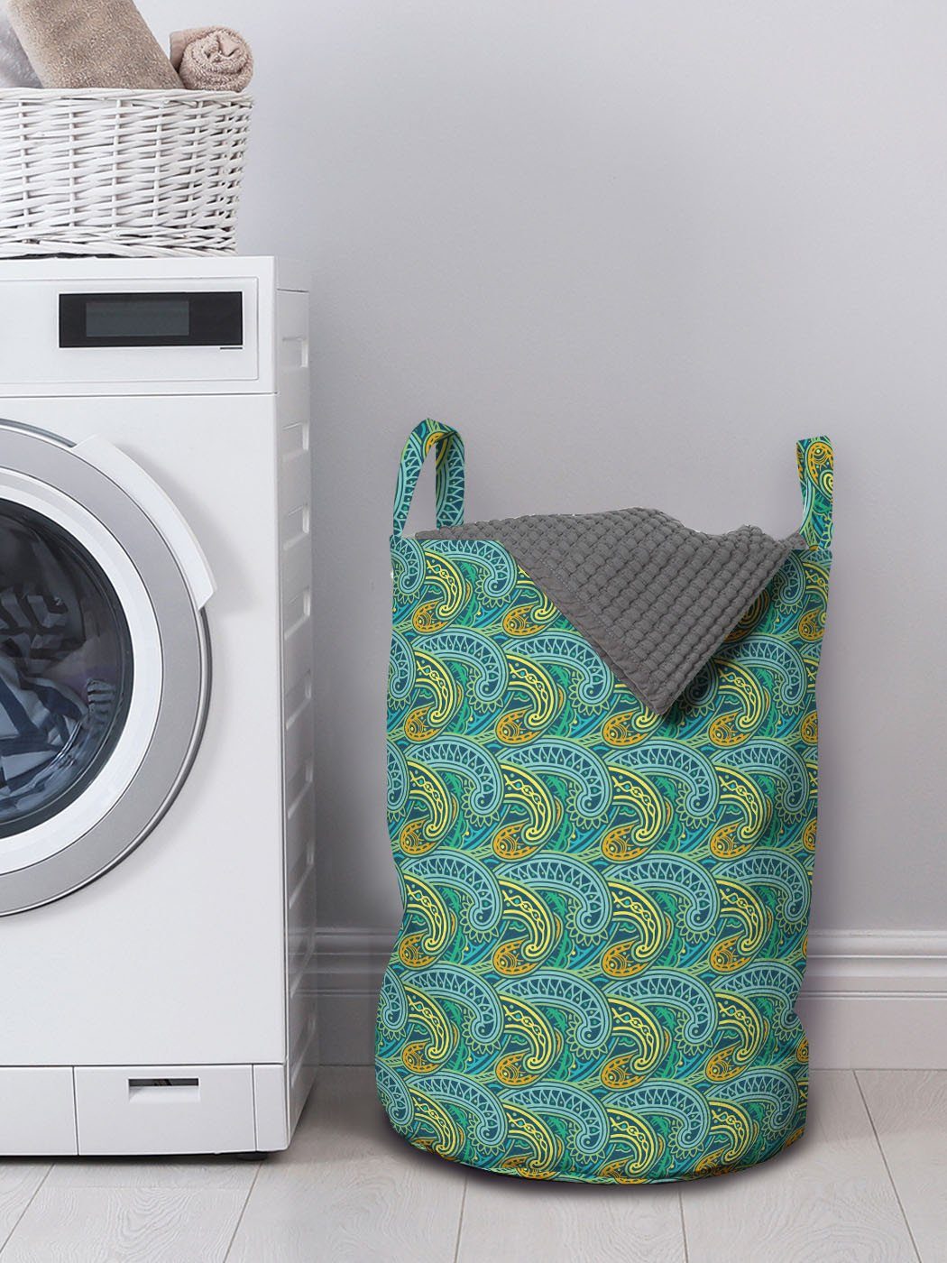 Kordelzugverschluss Geometrisches mit Wäschekorb orientalisch Abakuhaus Waschsalons, Wäschesäckchen Griffen Paisley-Muster für