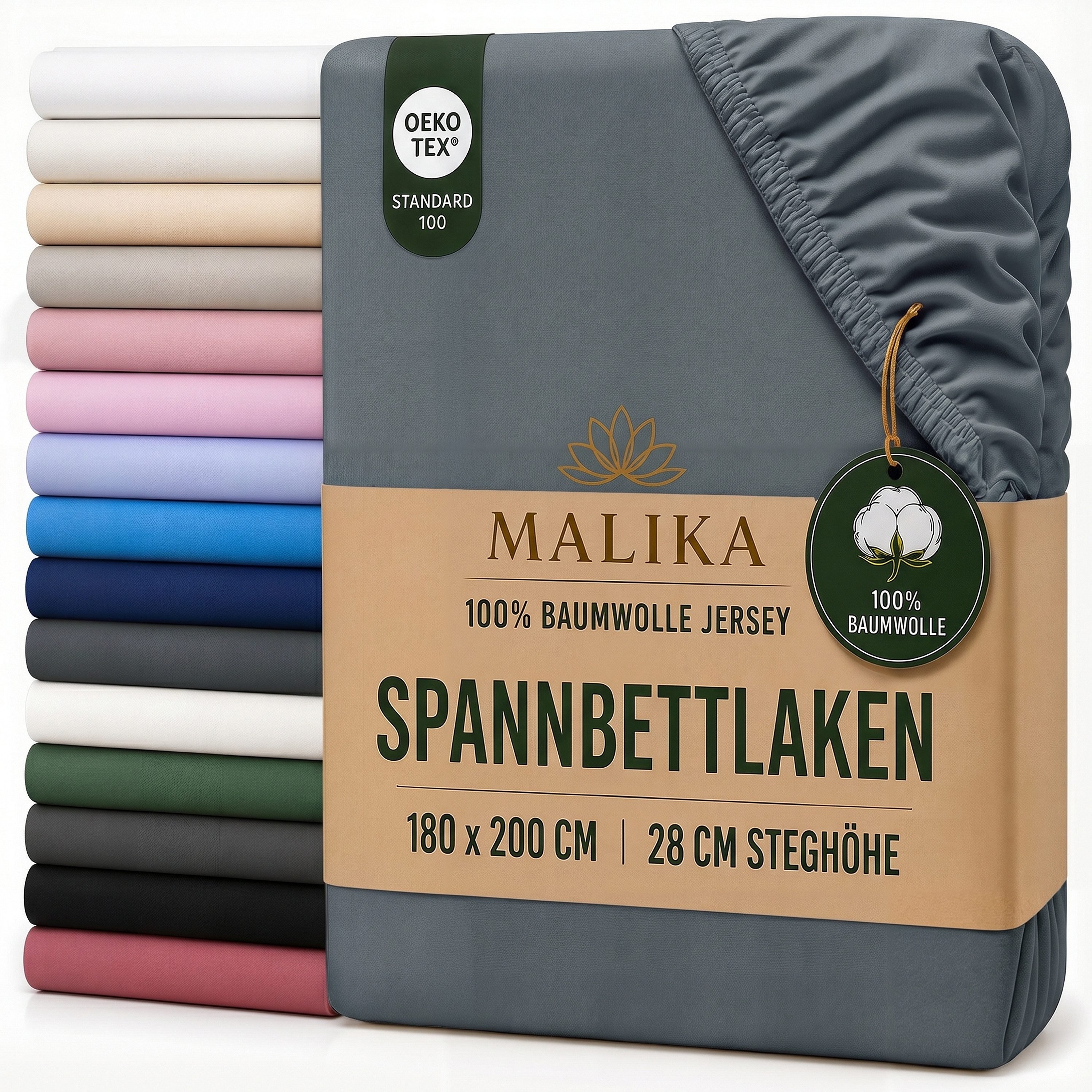 Malika Spannbettlaken aus 100% Baumwolle, 90-100x200, Grau, Jersey Baumwolle, Gummizug: Ja, (1 Stück), Allergikergeeignet, Pflegeleicht und Atmungsaktiv