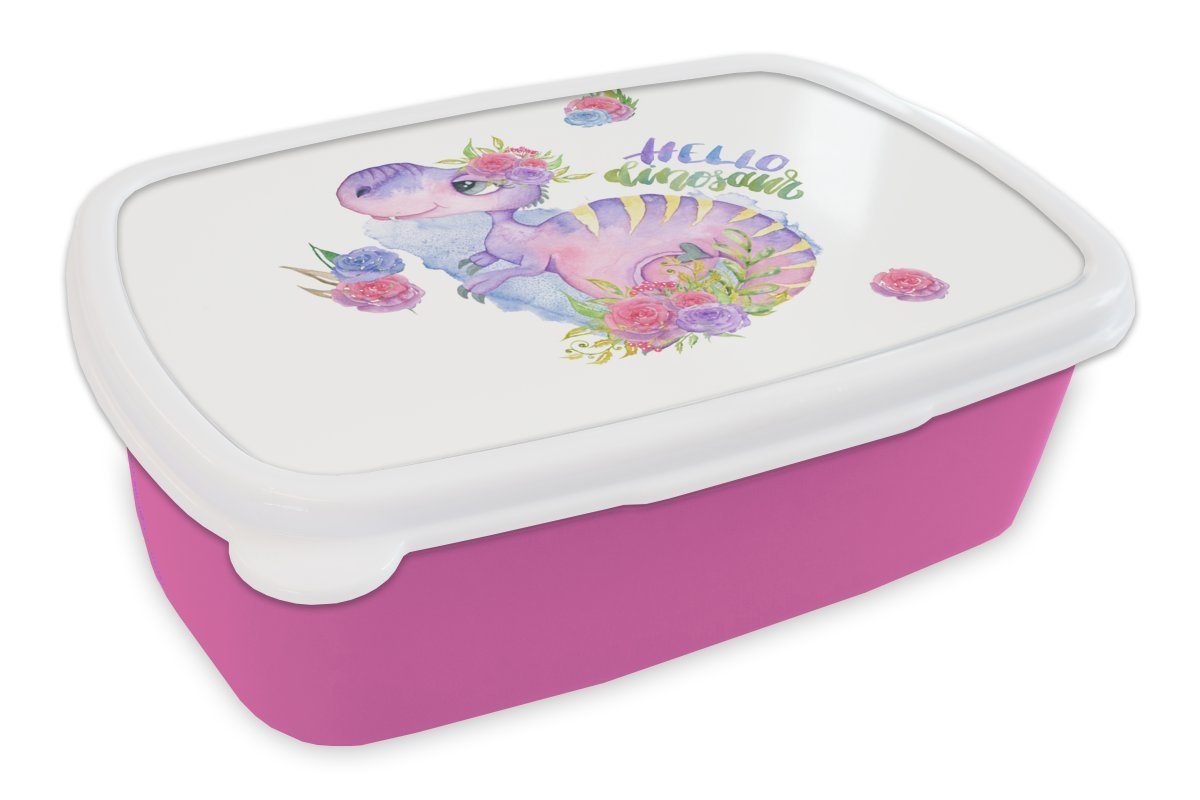 Lunchbox - Dinosaurier Mädchen Kinderzimmer Brotbox für Brotdose - Rosa, - - - Snackbox, Aquarell Kunststoff, Erwachsene, (2-tlg), MuchoWow Kinder Kunststoff Kinder, Mädchen,