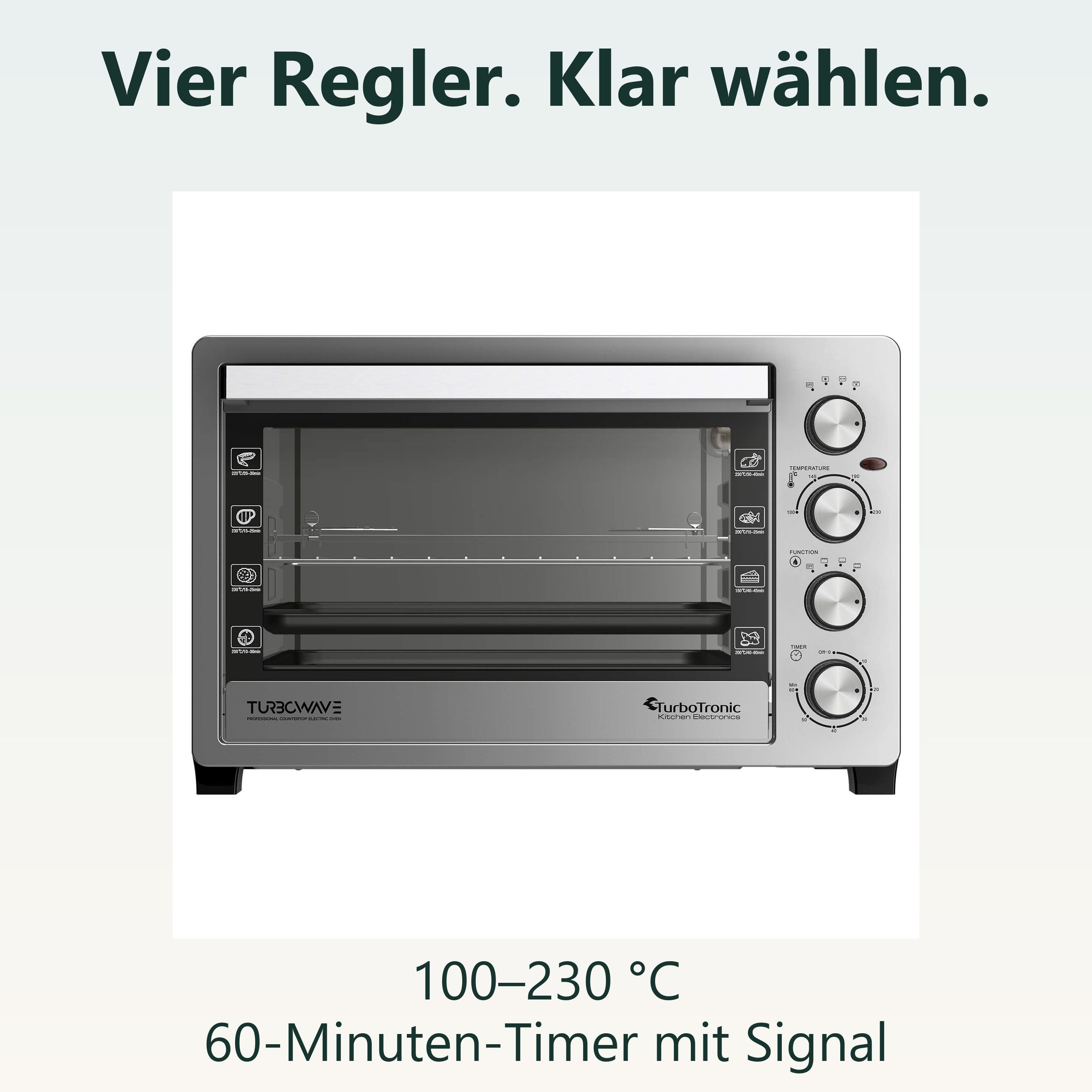 TurboTronic by Z-Line Minibackofen 2000 W 38 l Mini Backofen mit Umluft Drehspieß Grill Pizzaofen Timer, Tischbackofen mit Umluft, kleiner Backofen, Mini Ofen,  – Bild 3 von 5
