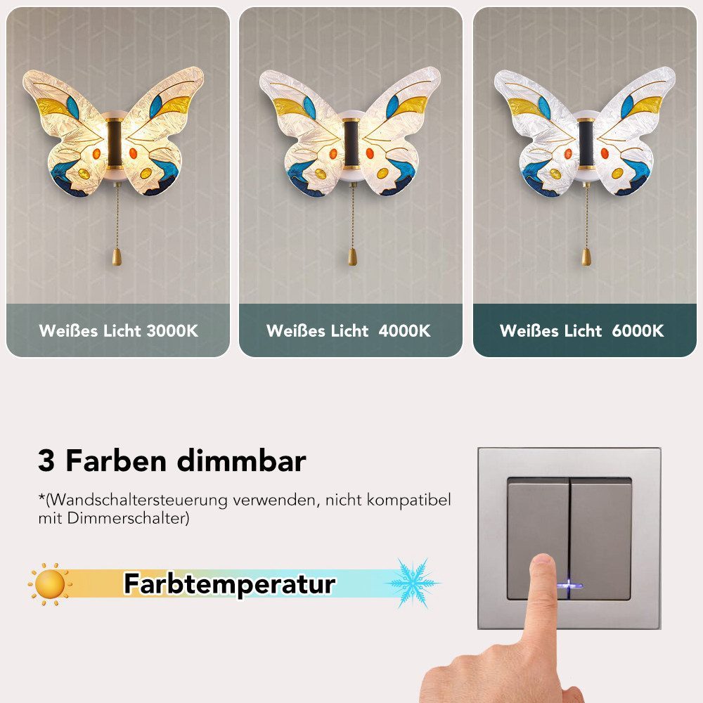 Ophy LED Wandleuchte LED Schmetterlings-Wandleuchte 8 W, dimmbar mit Zugschalter, 3 Farbtemperaturen, Acryl, für Schlafzimmer, Kinderzimmer, Treppen & Flur