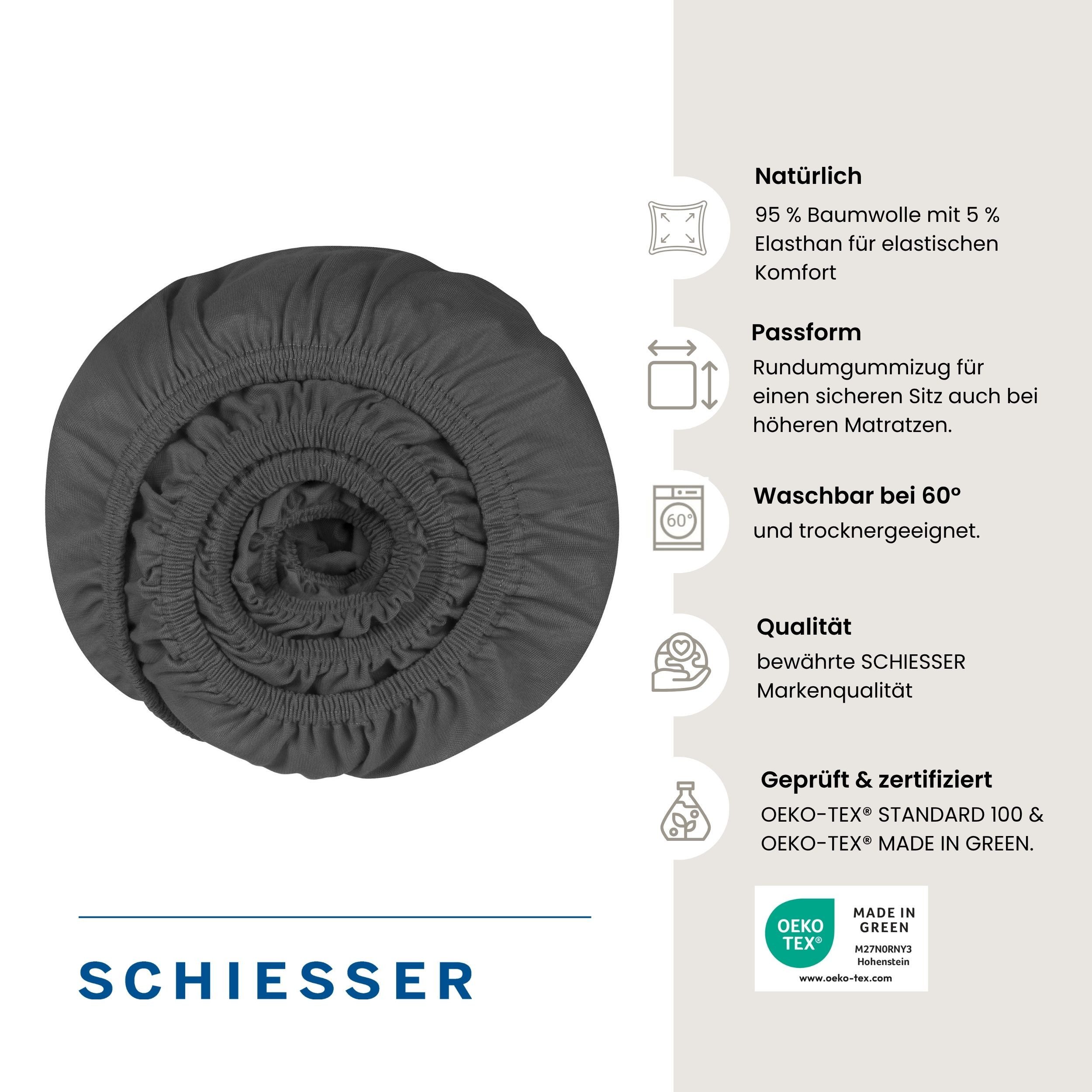Schiesser Spannbettlaken Flexi aus 95% Baumwolle und 5% Elastahan in Premium-Qualität, Jersey-Elasthan, Gummizug: rundum, (1 Stück), für hohe Matratzen und Boxs – Bild 2 von 5