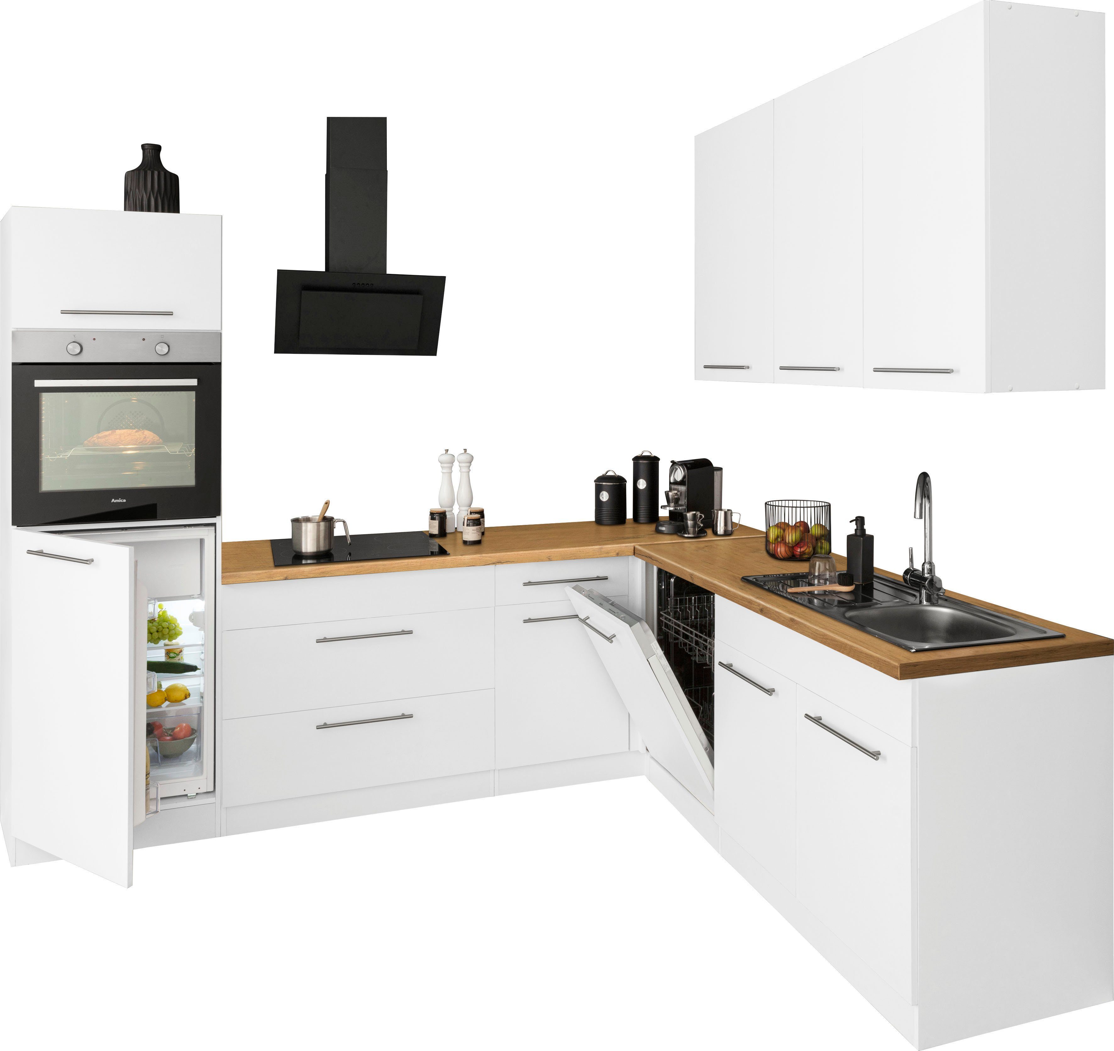 E-Geräten, wiho Winkelküche cm | Küchen Stellbreite x Unna, 260 weiß mit Weiß/Kastelleiche 220