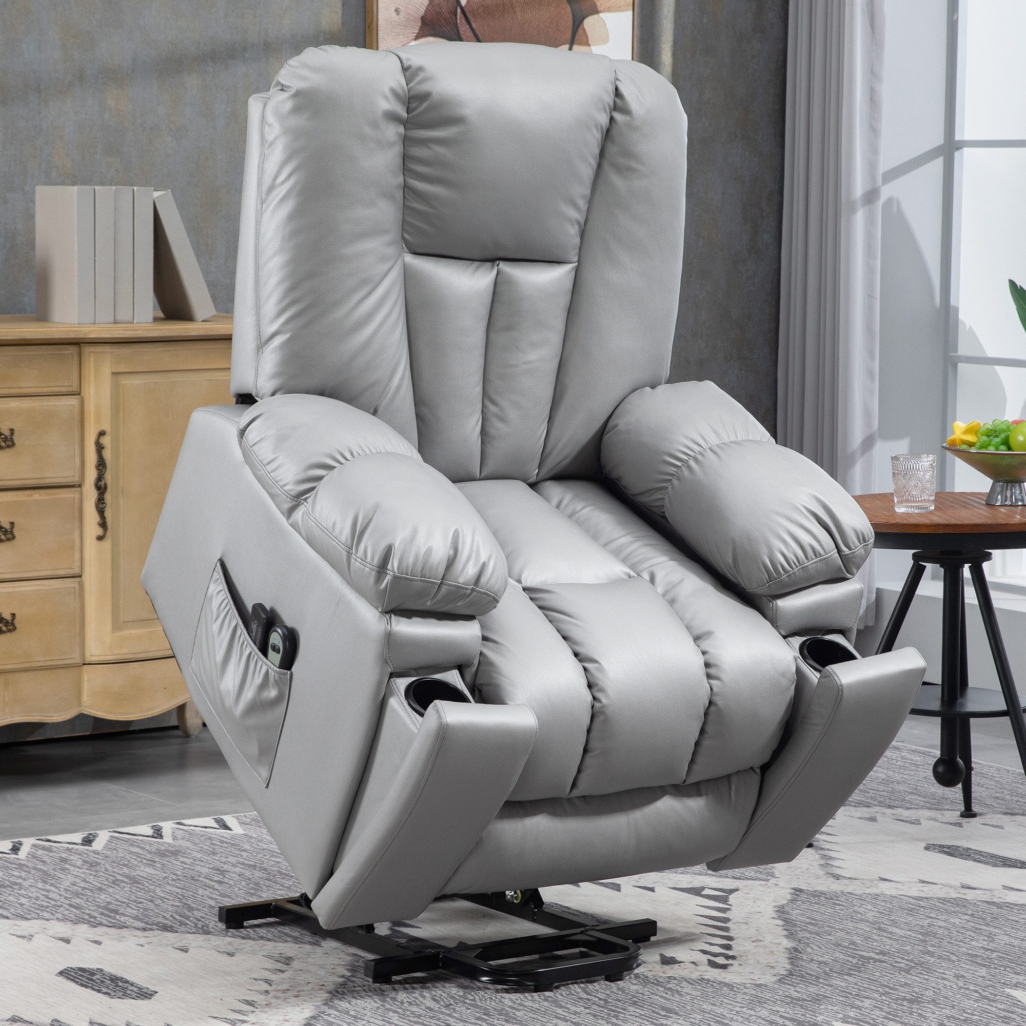 HOMCOM Massagesessel Aufstehhilfe, Vibrationsmassage, Taschenfederkern, Seitentasche (Fernsehsessel mit Fernbedienung, 1-St., Relaxsessel mit Liegefunktion), für Arbeitszimmer, Wohnzimmer, Dunkelgrau