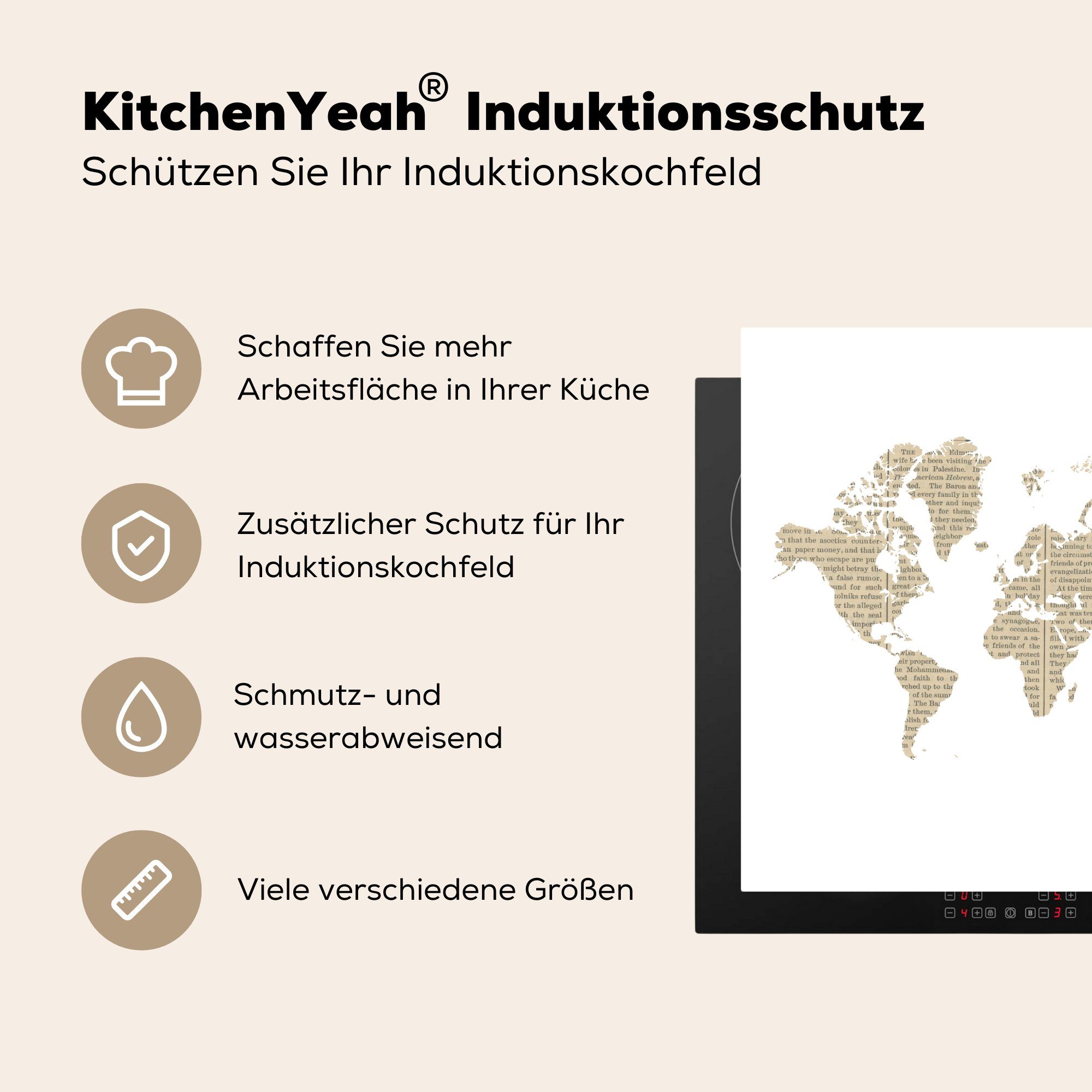 MuchoWow Herdblende-/Abdeckplatte Weltkarte - Zeitung Vinyl, - Arbeitsplatte für küche Ceranfeldabdeckung, (1 78x78 cm, tlg), Weiß