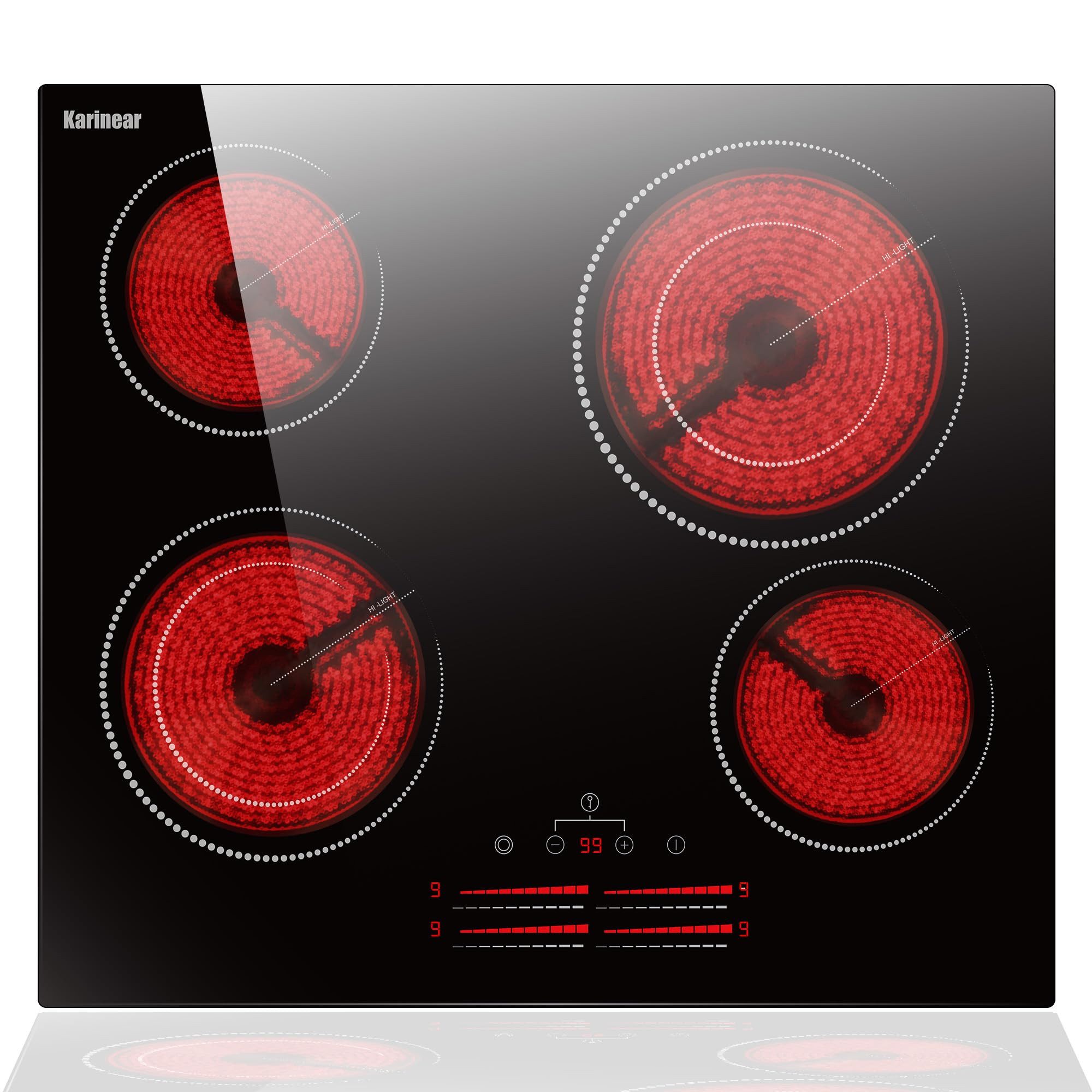 Karinear Induktions-Kochfeld Keramik Kochfeld 60 cm mit Lichtstreifen-Schieberegler, Glaskeramikkochfeld 4 Platten mit Dual-Ring-Kochzonen, 6600W