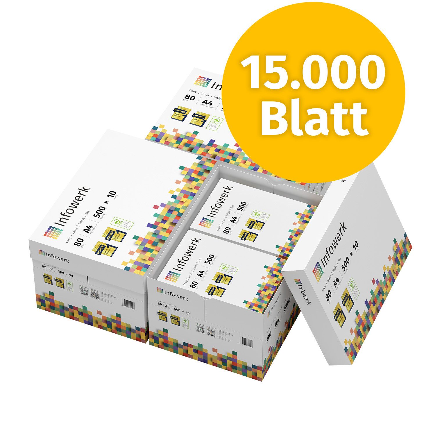 Infowerk Druckerpapier Kopierpapier 15000 Blatt A4 80g Premium Weiß Testsieger PEFC