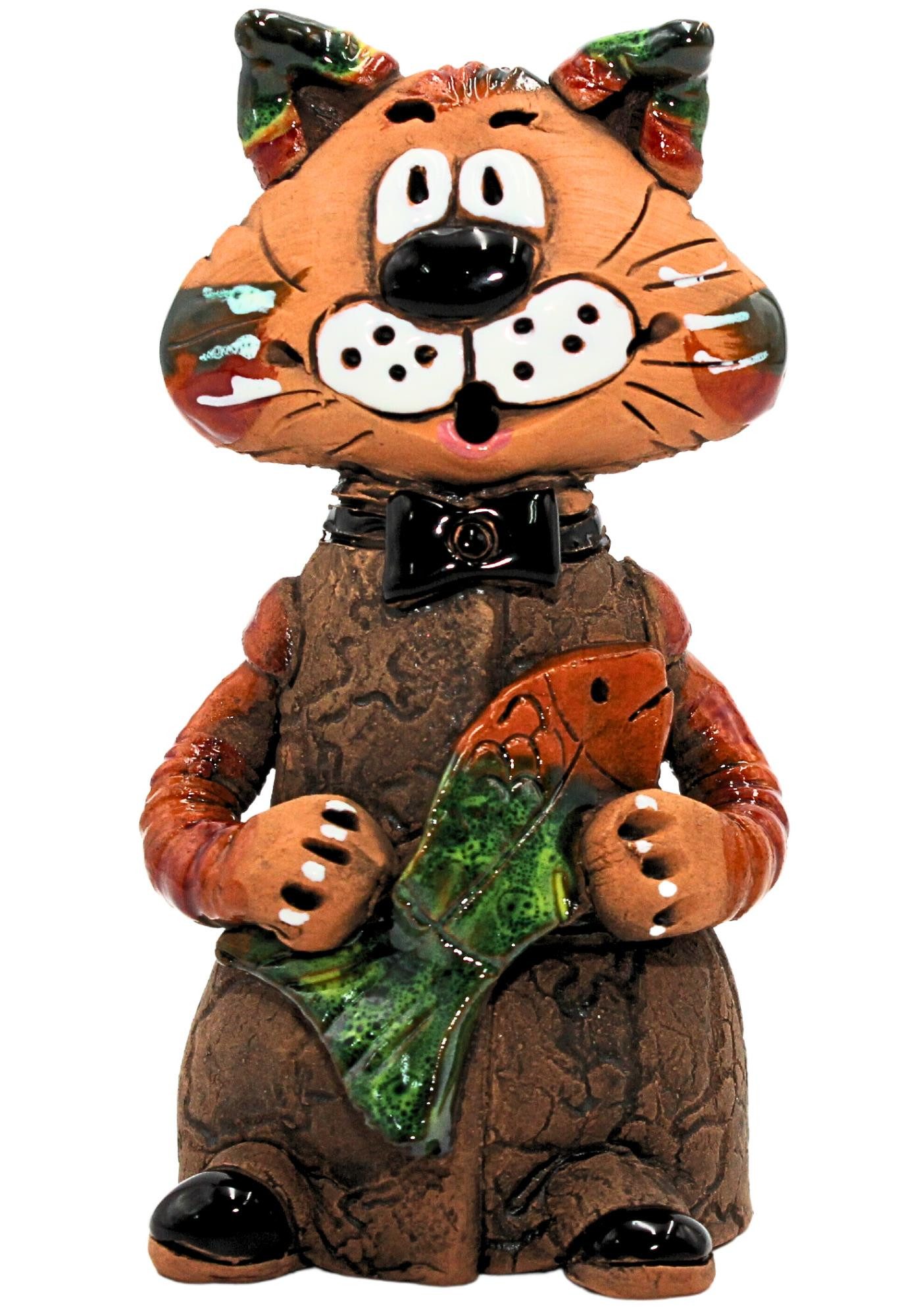 Dekohelden24 Räuchermännchen Handgemachte Keramik, Keramikkatze mit Fisch in der Hand, 14cm.