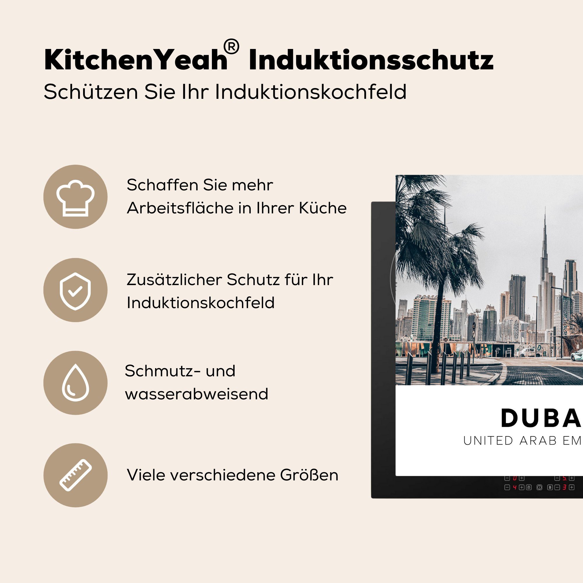 cm, Ceranfeldabdeckung, (1 Skyline, Dubai Arbeitsplatte 78x78 küche Herdblende-/Abdeckplatte MuchoWow - Straße tlg), - für Vinyl,