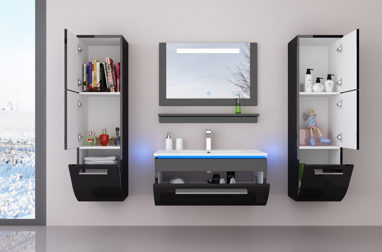 Homeline Badmöbel-Set Badmöbel Set Hochglanz lackiert LED System tauschsystem, (Sparset, 6-St., Set ANgebot ohne Waschtisch Armatur und Ablaufgarnitur), Lackiert Hochglanz LED Fertig montiert Touch system