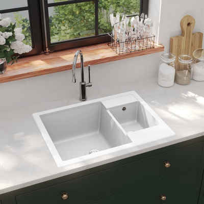 vidaXL Granitspüle Küchenspüle mit Überlauf Doppelbecken Weiß Granit, 44/58 cm