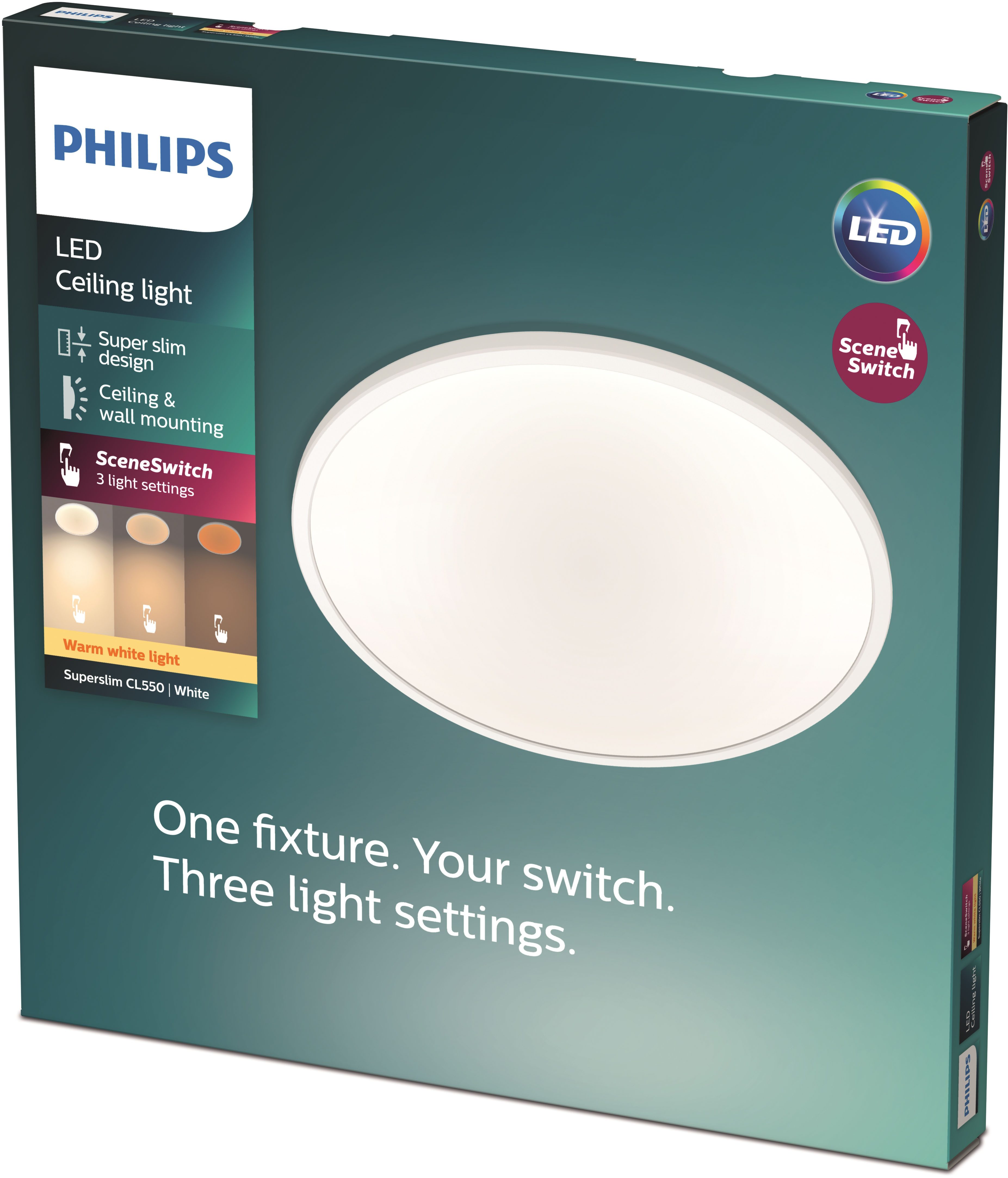 Philips LED Deckenleuchte Superslim 3-in-1 LED Leuchte, CL550, 2700K, Dimmfunktion, Memoryfunktion, dimmbar über Fernbedienung, mehrere Helligkeitsstufen, LED fest integriert, Warmweiß, SceneSwitch, warmweiß, LED, dimmbar mit Lichtschalter