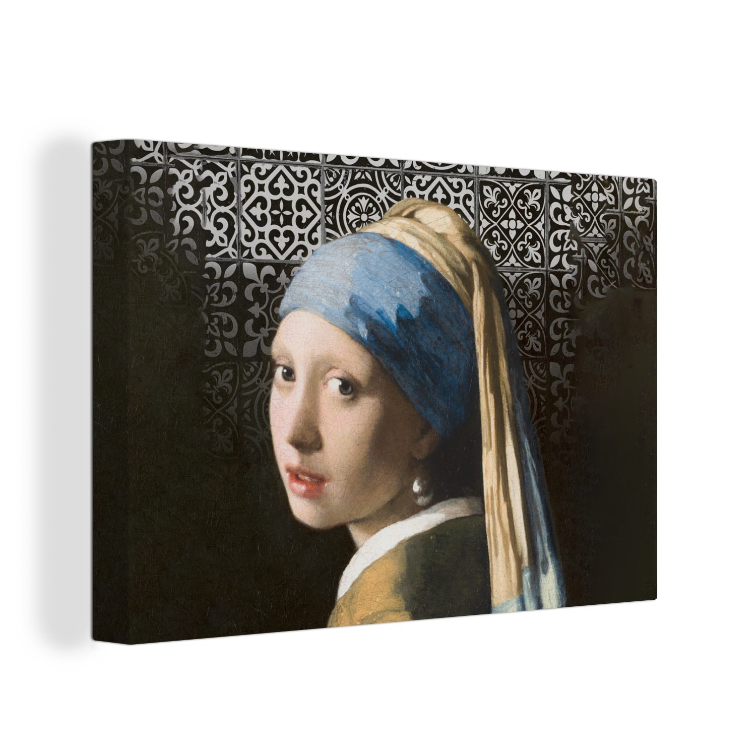 OneMillionCanvasses® Gemälde Mädchen mit Perlenohrring - Schwarz und Weiß, (1 St), Wandbild Leinwandbilder, Aufhängefertig, Wanddeko, 30x20 cm