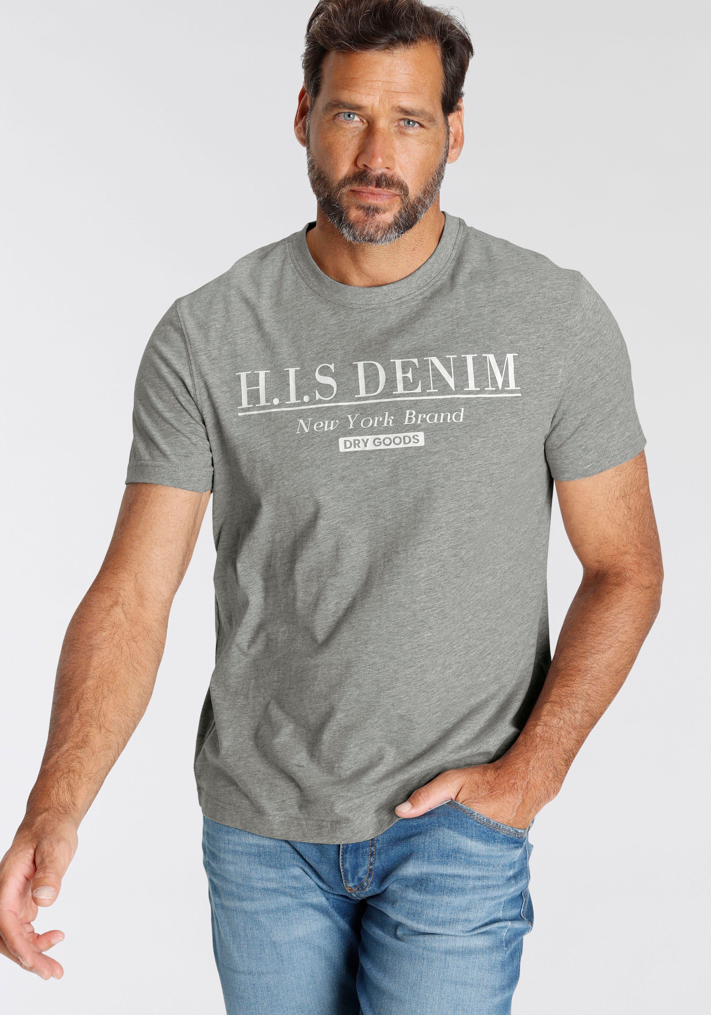 H.I.S T-Shirt mit Logo-Print vorne grau meliert