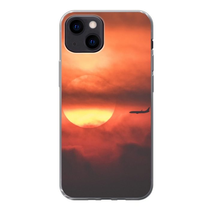 MuchoWow Handyhülle Sonnenuntergang mit Silhouette eines Flugzeugs Handyhülle Apple iPhone 13 Mini Smartphone-Bumper Print Handy