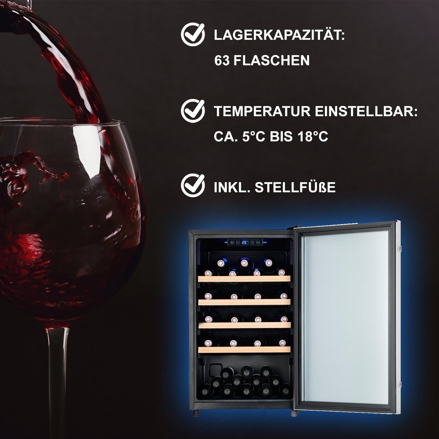 Fassungsvolumen LED,Tür von mit Trondhein für 18°C, montierbar mit 5°C TroniTechnik blauem bis Liter Weinkühlschrank 126 63 beidseitig Flaschen,Temperatur