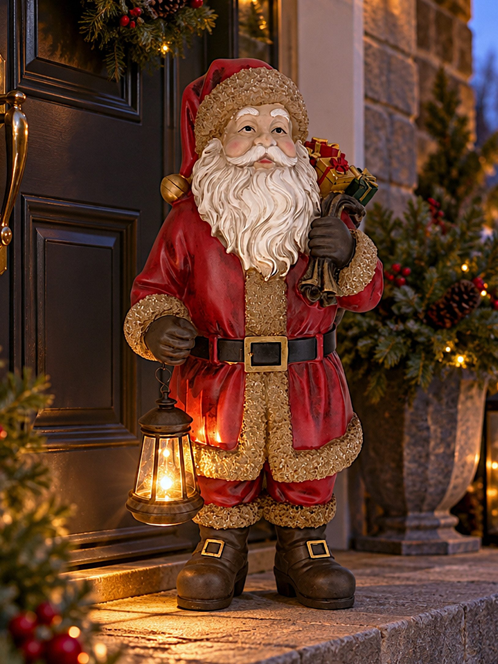 Arnusa Weihnachtsmann XL Weihnachtsdeko detailliert verarbeitet Santa Claus mit Solarlaterne (60 cm), Weihnachtsmann-Figur mit Beleuchtung