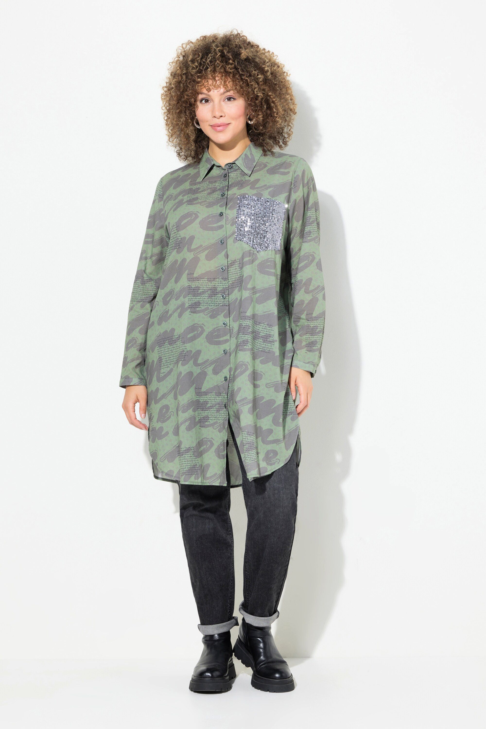Ulla Popken Longbluse Longbluse Scribble-Muster Hemdkragen Langarm