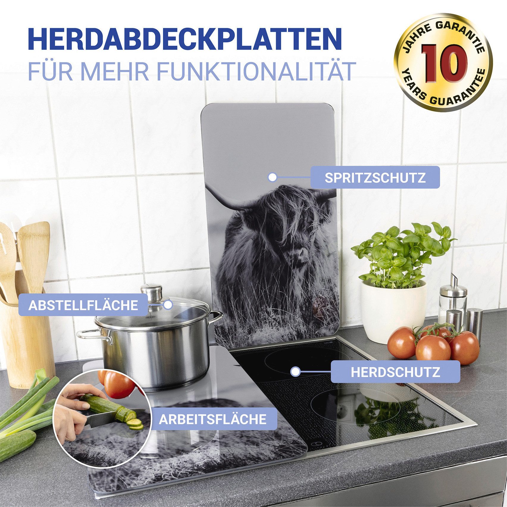 WENKO Herd-Abdeckplatte Universal Modell Highland Cattle, Glas, Kunststoff, (Set, 2 tlg), Herdabdeckung für alle Herdarten, kratzfest, mit rutschfesten Füßen