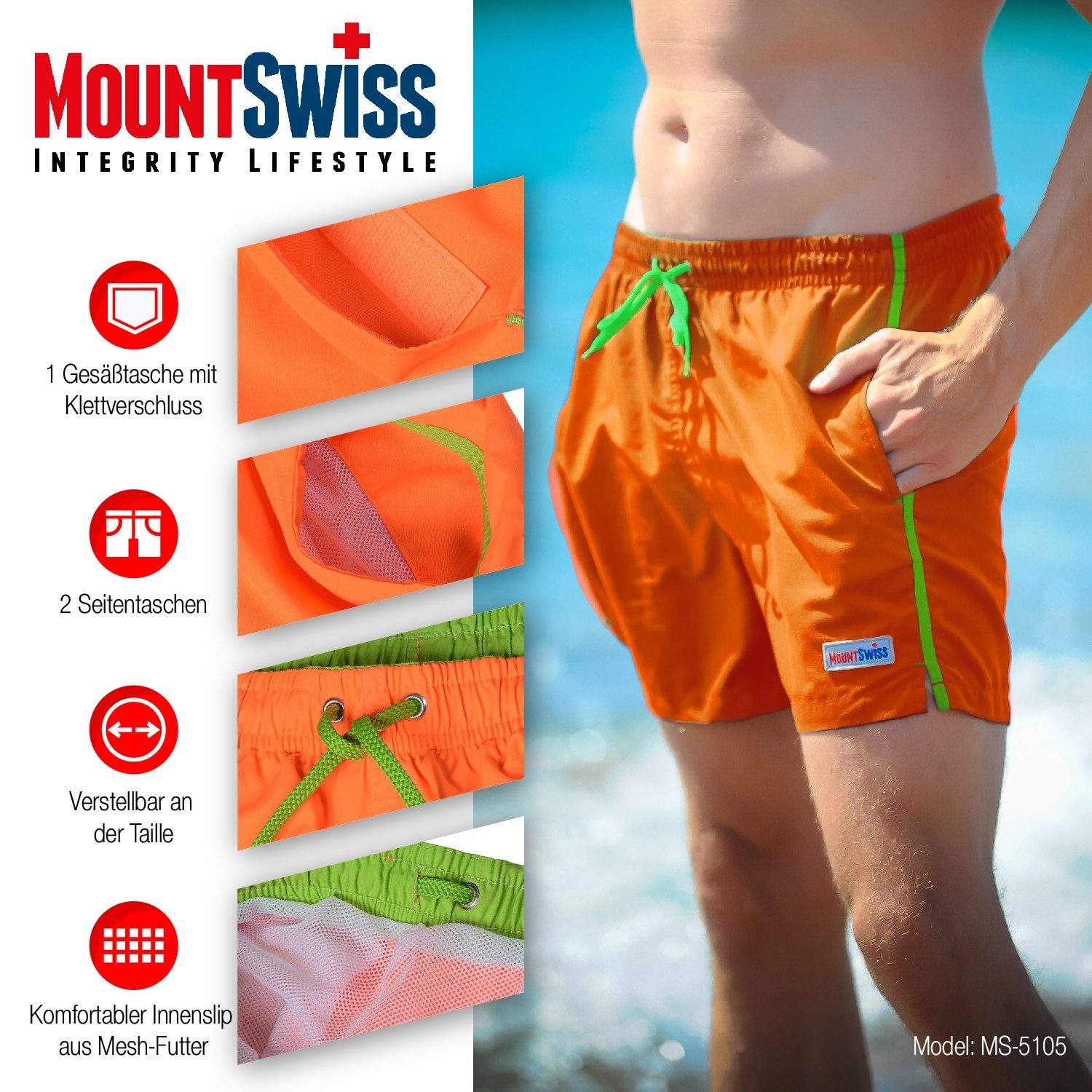 Mount Swiss Badeshorts Mount Swiss Männer Badehose DARIO mit seitlichen Tas günstig online kaufen