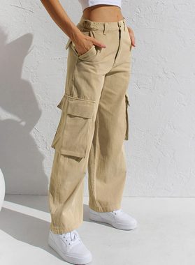 ZWY Gerade Jeans Workerjeans, Straight-Jeans Damen Hoher Taille Jeanshosen (1-tlg) Wide Leg Schlaghose Baggy Cargo Pants(13-tlg)