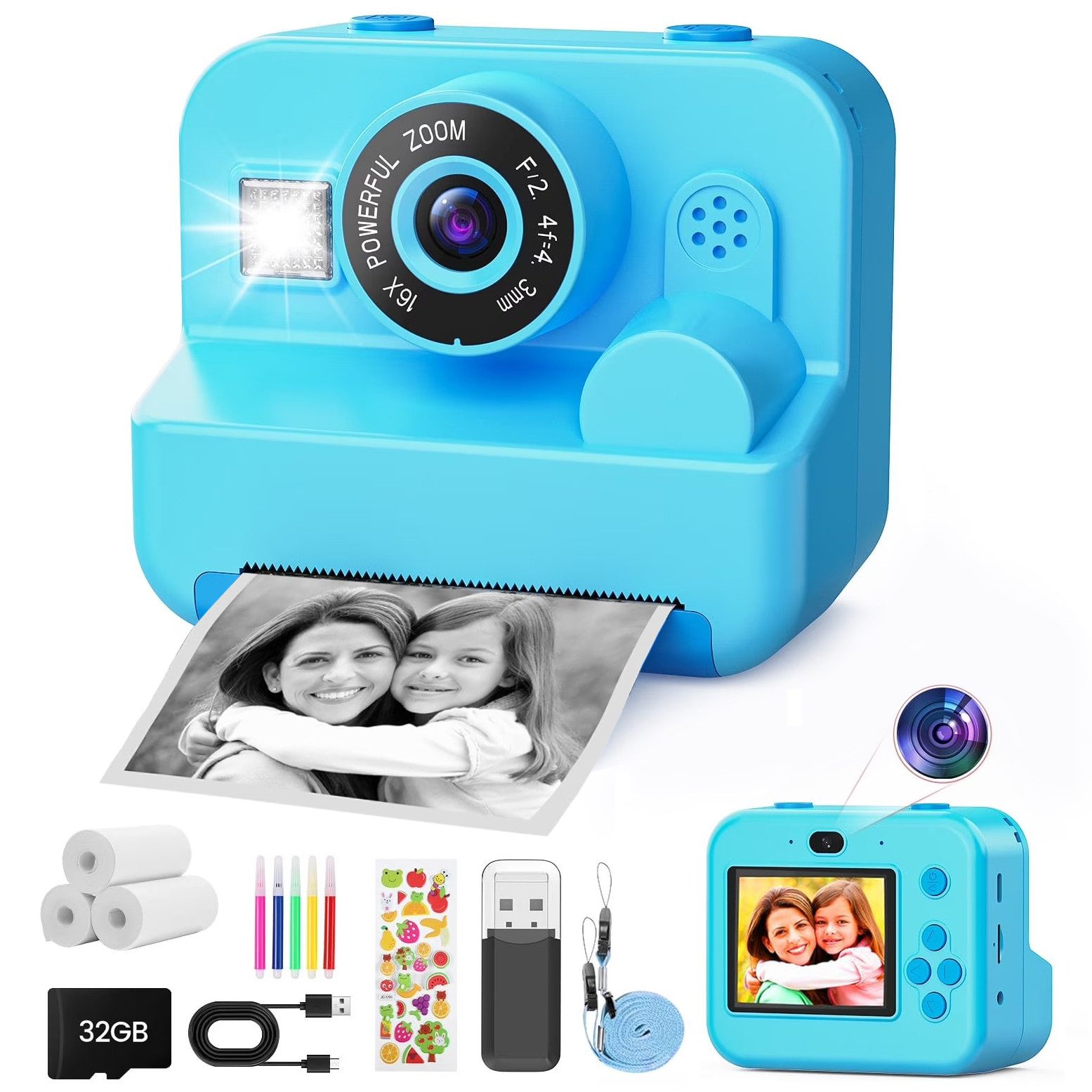 Minicloss 1080P HD Sofortbildkamera für Kinder, Digitalkamera für Kinder, Kinderkamera (inkl. Enthält Druckpapier, 32G TF-Karte, bunte …