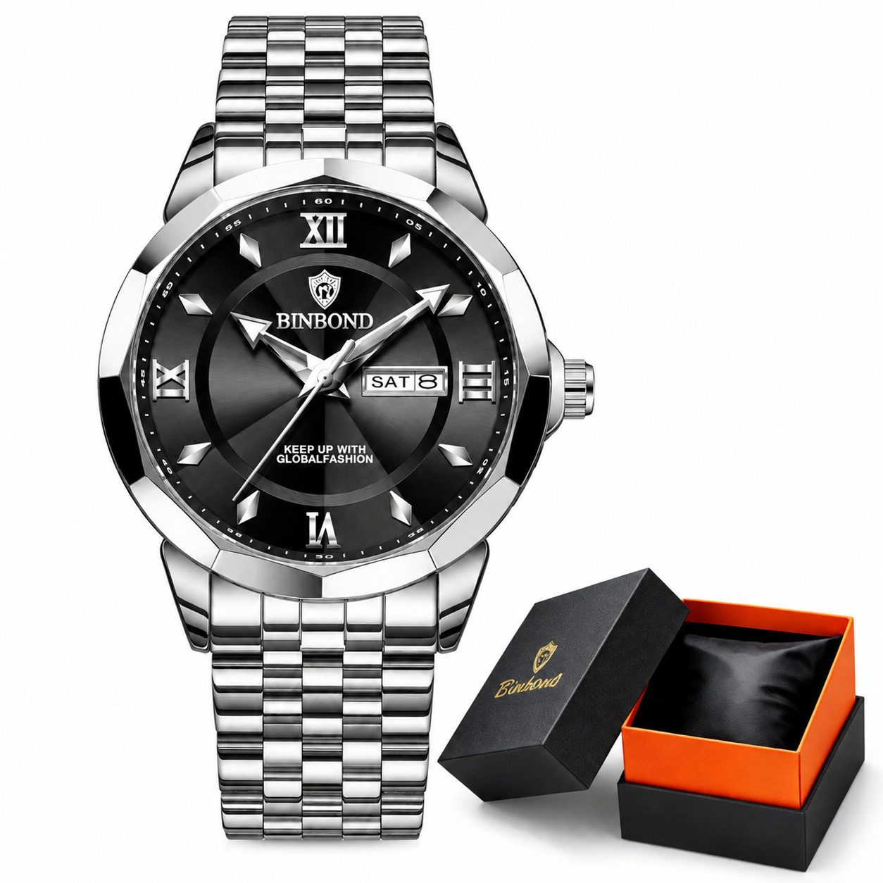 ibettertec Quarzuhr Herren Quarzuhr Edelstahlarmband mit Datum Schwarzes Zifferblatt, (Elegante Herren Quarzuhr mit hochwertigem Edelstahlarmband, Klassische Business Armbanduhr mit schwarzem Zifferblatt), für Alltag, Büro und besondere Anlässe