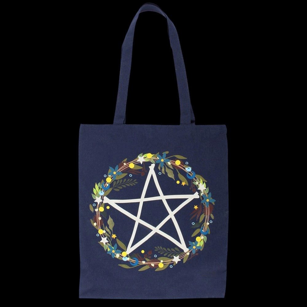 Something Different Schultertasche Solstice Wreath Pentagramm Tote Bag – Navy Gothic Stofftasche Witchy, Dunkelblaue Stofftasche mit magischem Pentagramm-Print