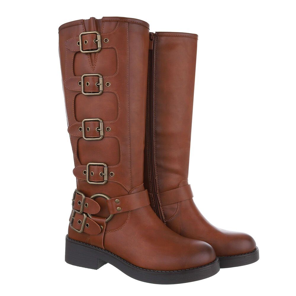 Ital-Design Damen Bikerschuhe Biker Westernstiefel (85275991) Blockabsatz Flache Stiefel in Camel