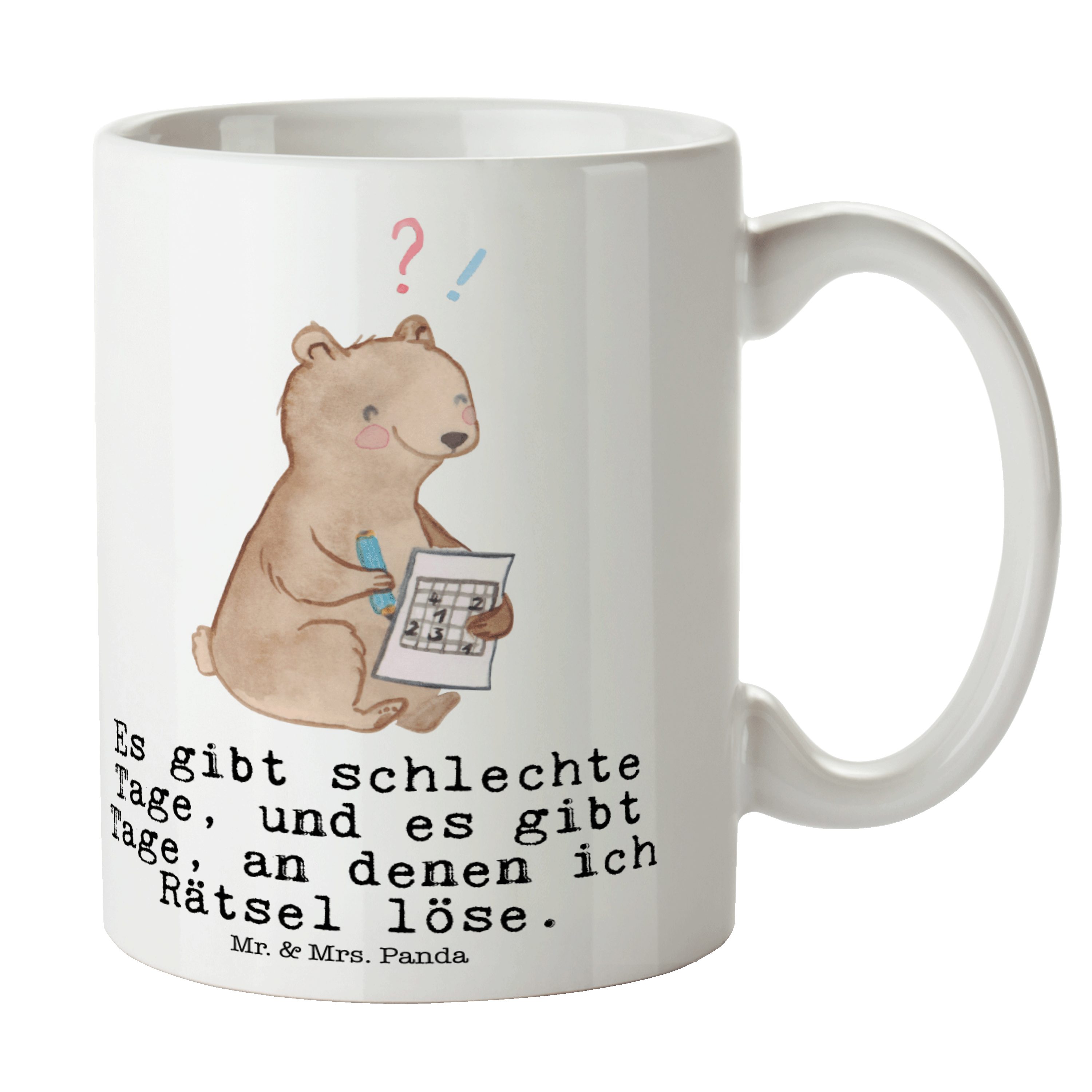 Weiß & Keramik - Bär - Panda Rätsel Tasse, Geschenk, Becher, Büro Mr. Knobeln, Tasse lösen Mrs. Tage