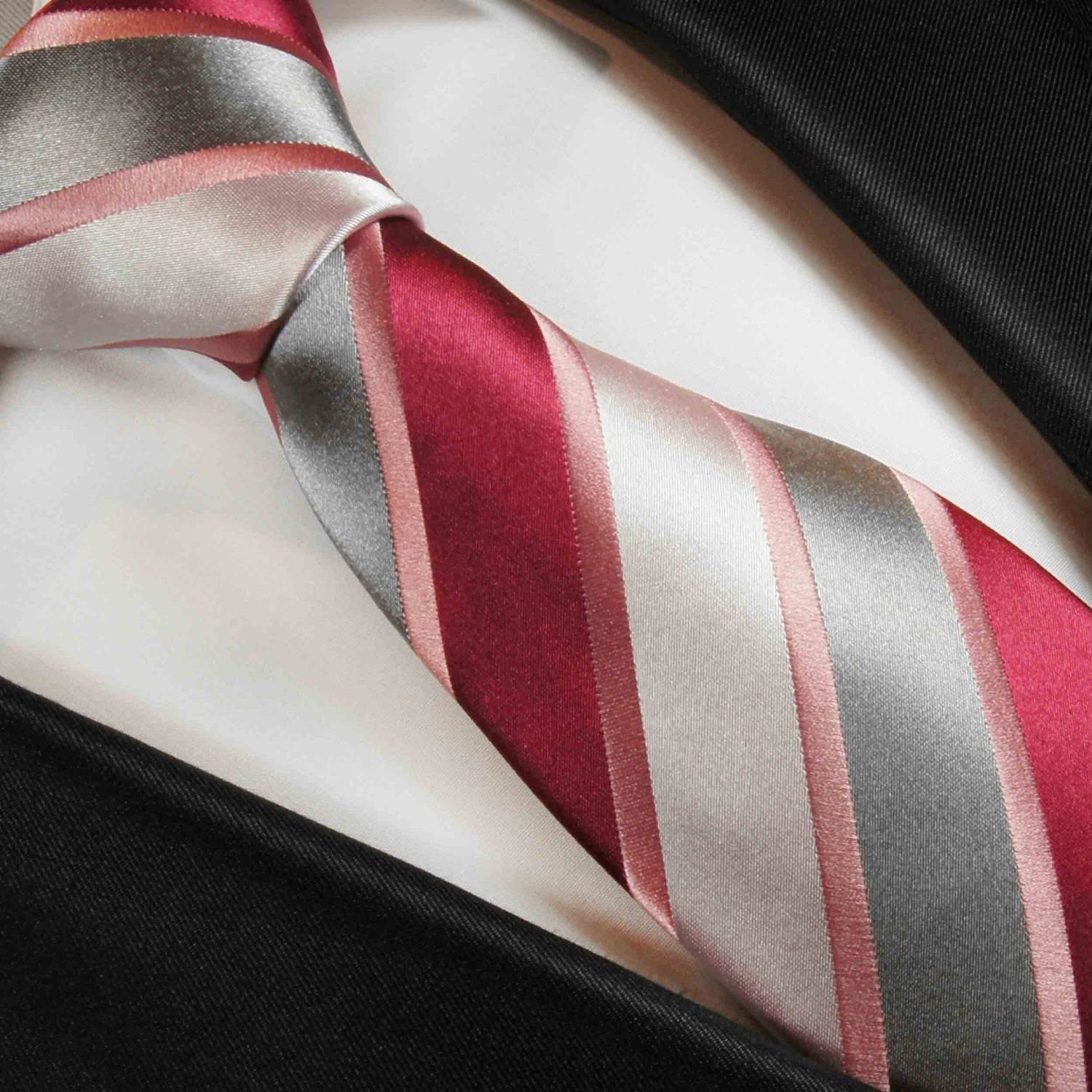 silber gestreift (8cm), 100% Krawatte Seidenkrawatte Seide Breit rot Herren Paul pink Designer Schlips 2046 Malone modern