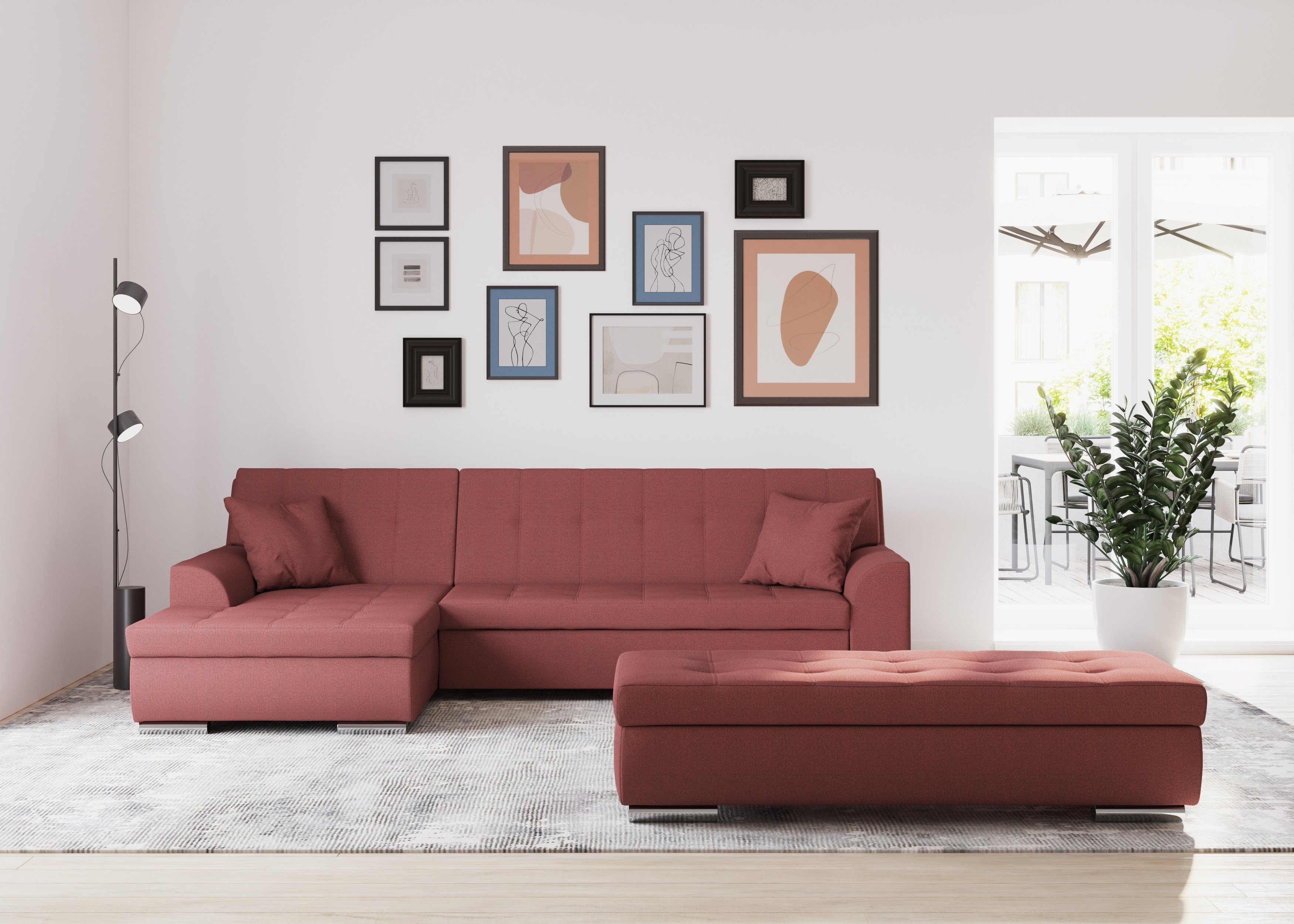 DOMO collection Ecksofa Treviso viele Bezüge, auch in Cord, L-Form, B/T/H: 267/80/83 cm, wahlweise mit Bettfunktion, incl. Zierkissen, hochwertige Steppung