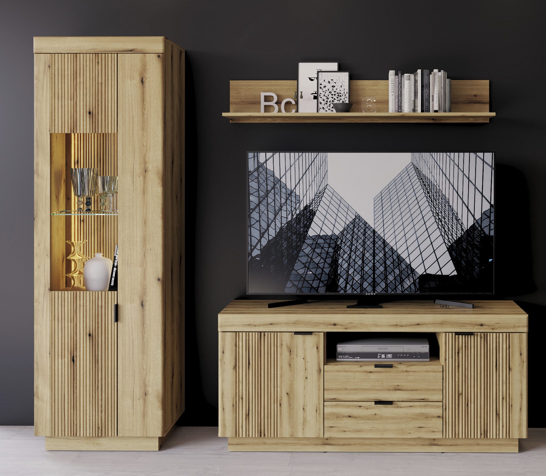 Meble Wójcik Wohnwand (3-teilig) in Coast Evoke Eiche Dekor - 208x197x40 (BxHxT), (3-teilig)