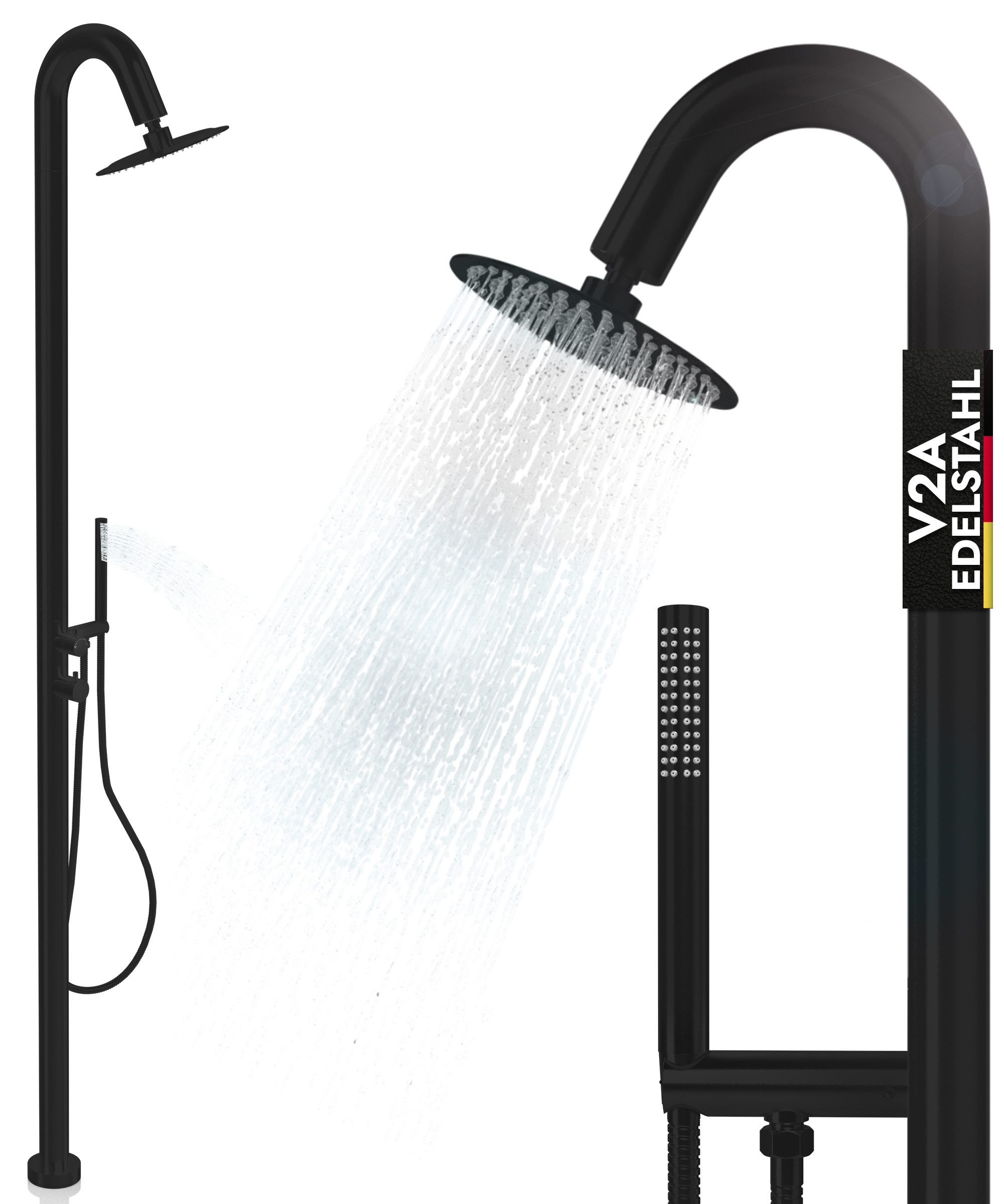 LAWA Living and Lifestyle Gartendusche 304 / V2A Edelstahl Handbrause und Anti-Kalk Regendusche rostfrei (2 Anschlüsse, restentleert - winterfest), Warm- Kaltwasserdusche Aussendusche Outdoordusche Pool