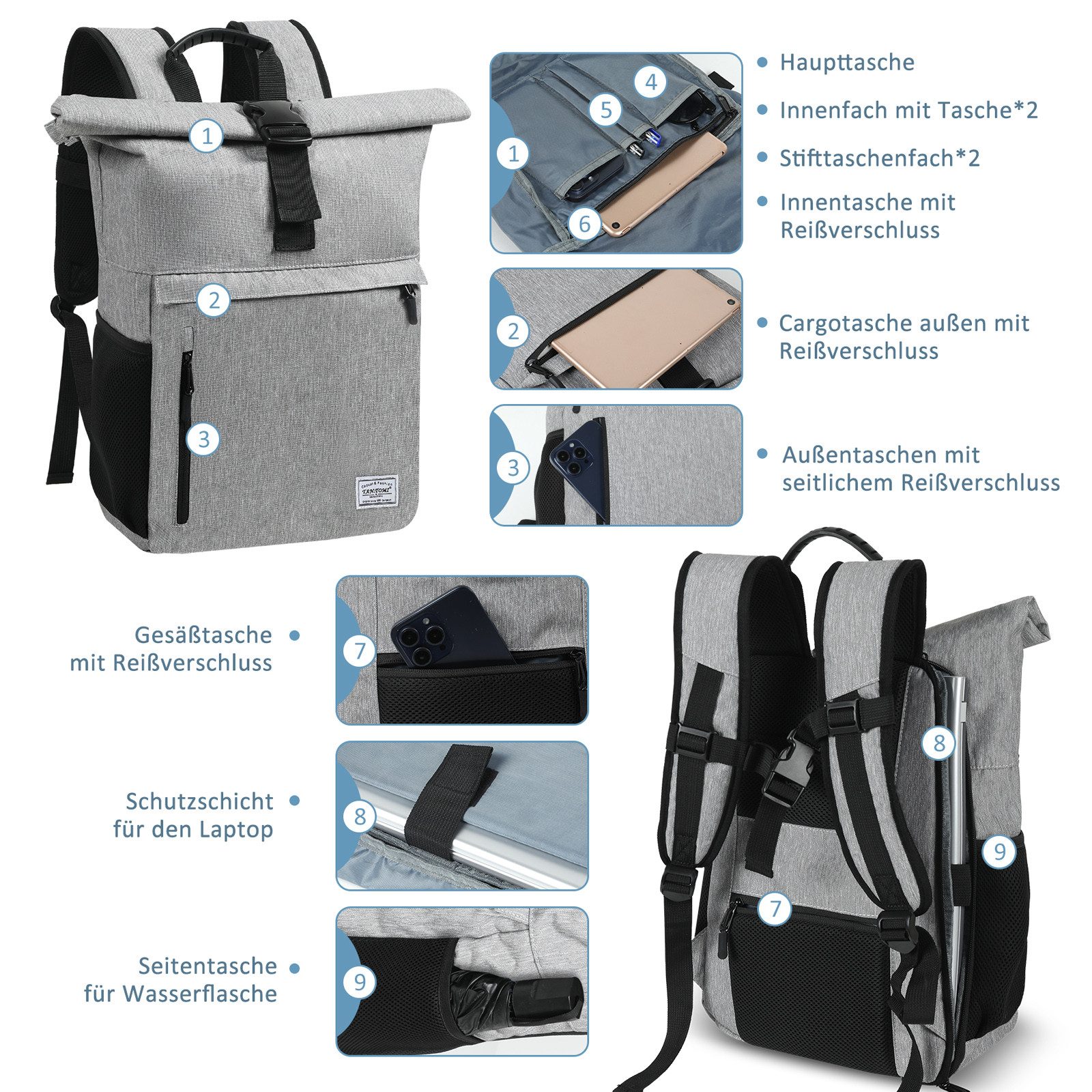 TAN.TOMI Cityrucksack RollTop Rucksack Herren Damen 22L-25L LaptopRucksack Schulrucksack, Radsport Stylische Tagesrucksack mit 17 Zoll Laptopfach