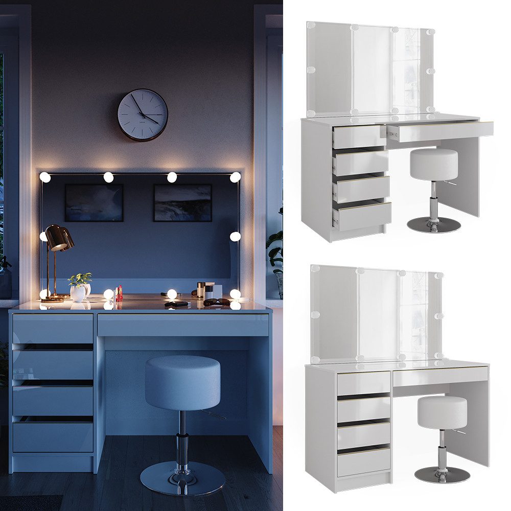 Vicco Schminktisch Sherry, Weiß/Gold, 120 cm mit LED Beleuchtung und Hocker günstig online kaufen