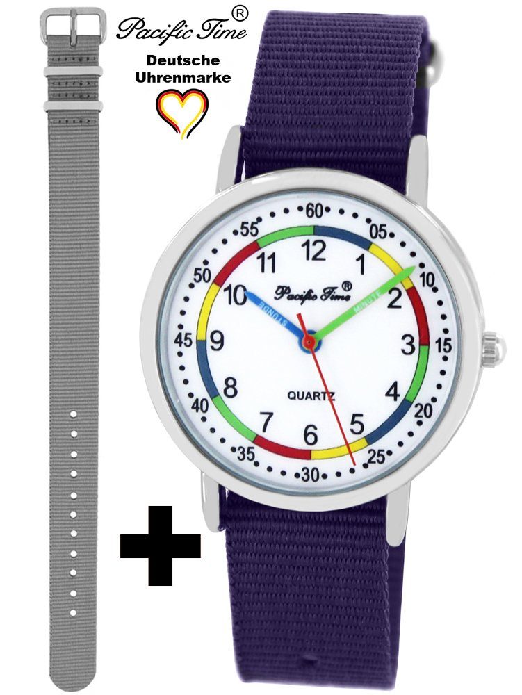 Pacific Time Quarzuhr Set Kinder Armbanduhr First Lernuhr Wechselarmband, Mix und Match Design - Gratis Versand grau und violett