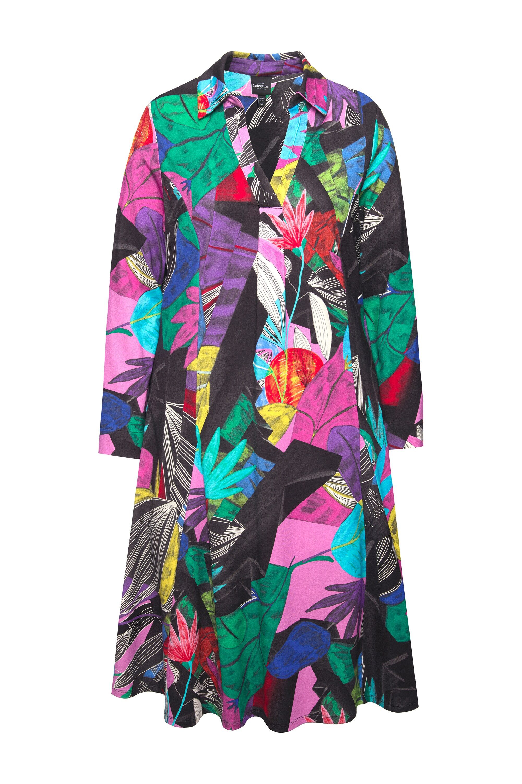 Ulla Popken Hemdblusenkleid Jerseykleid A-Linie Godetfalten Langarm