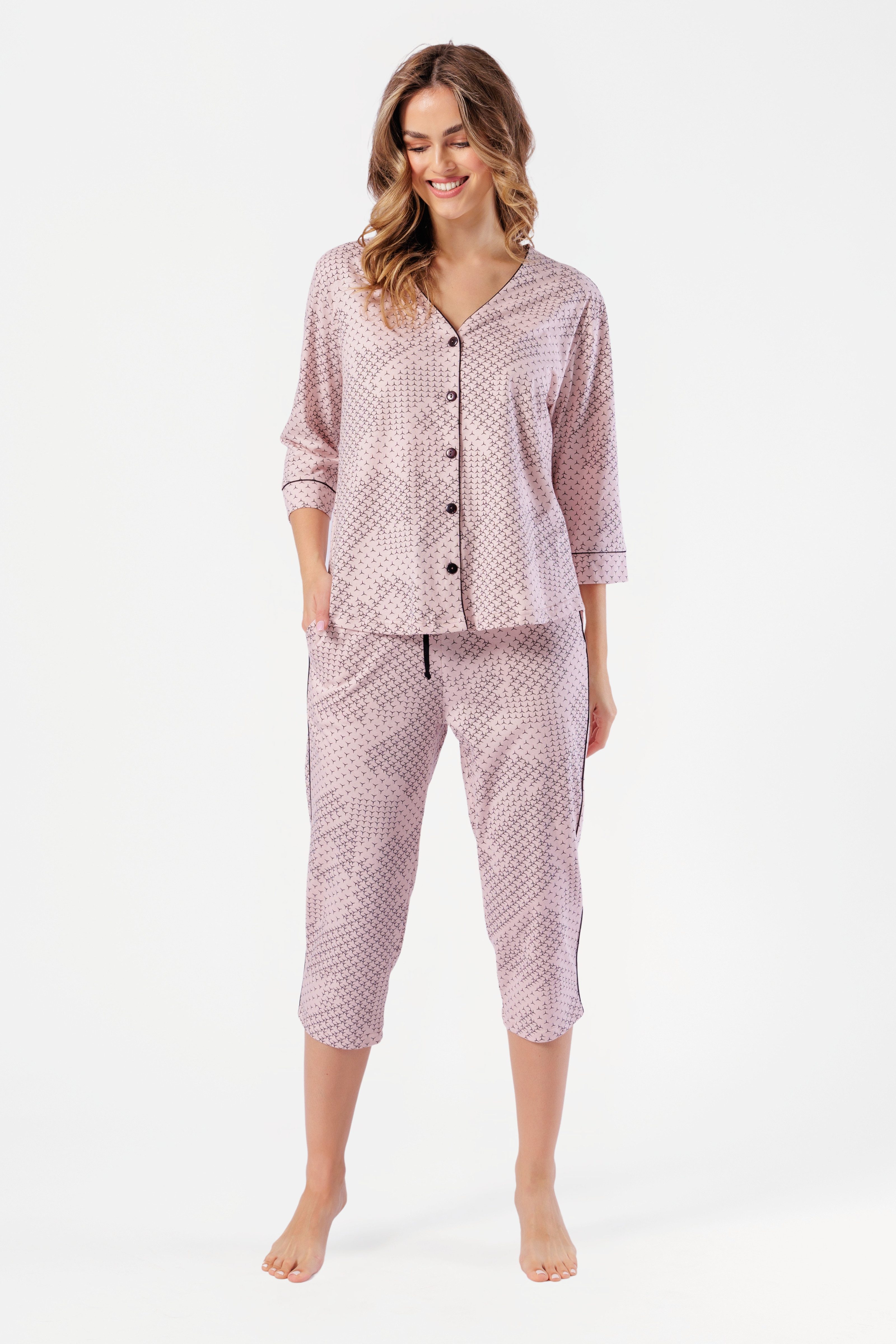 COOLISMO NIGHTWEAR Capri-Pyjama Damen Schlafanzug geknöpft, reine Baumwolle (2 tlg) elegante Loungewear in Altrosa mit schwarzem Druck & Satin-Piping