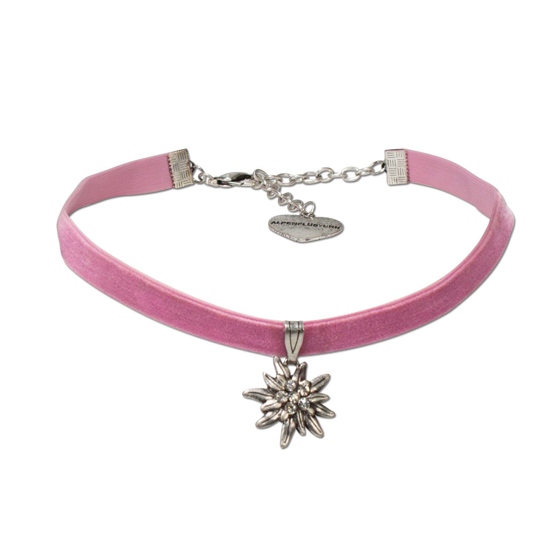 Alpenflüstern Ketten-Set Trachtenschmuck-Set Trachten-Samt-Kropfband und Ohrhänger Strass-Edelweiß (rosa-ros), - Damen-Trachten-Schmuck, Trachtenset Trachtenkette und Trachten-Ohrringe