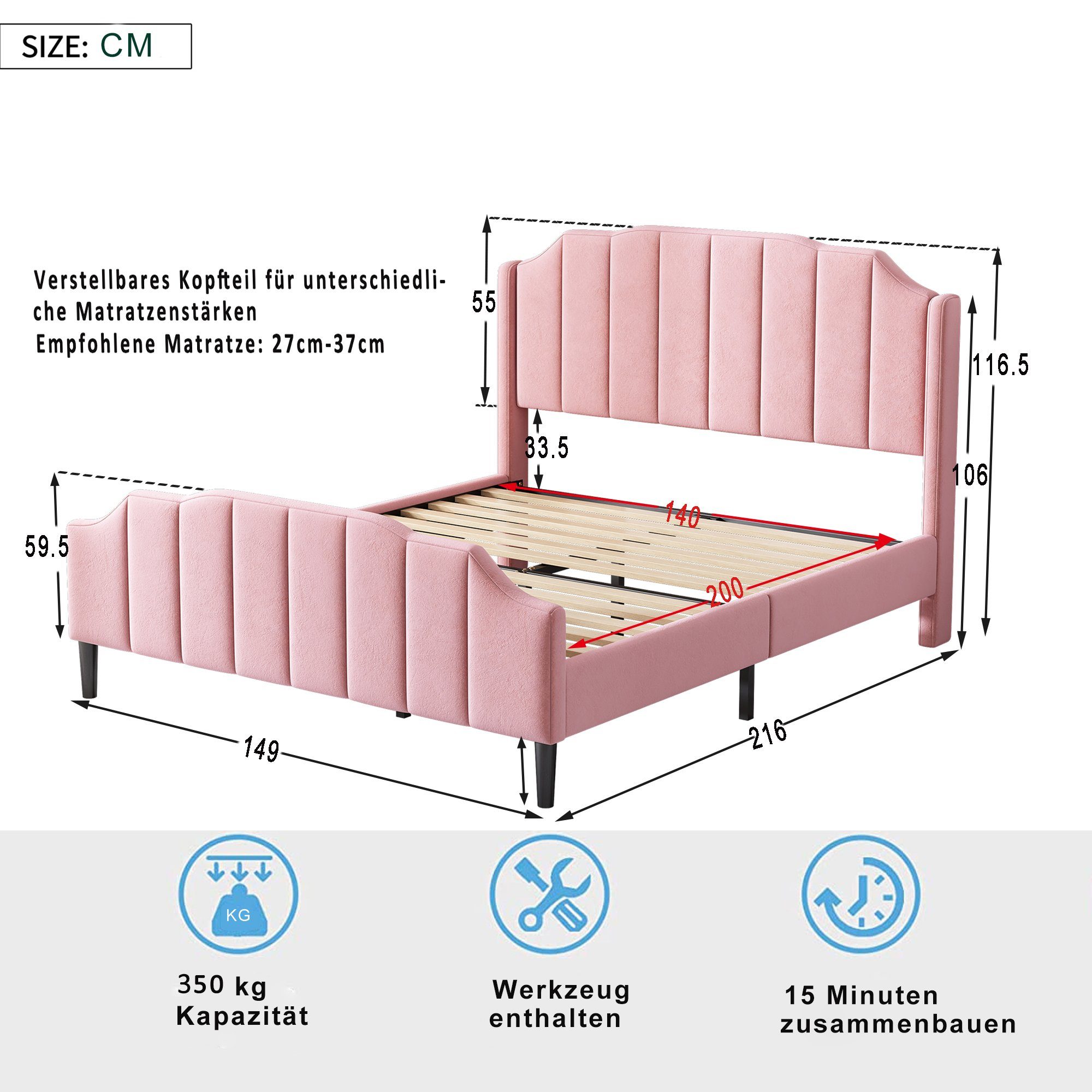 Flieks Polsterbett, Doppelbett Kinderbett mit rosa Lattenrost 140x200cm Samt