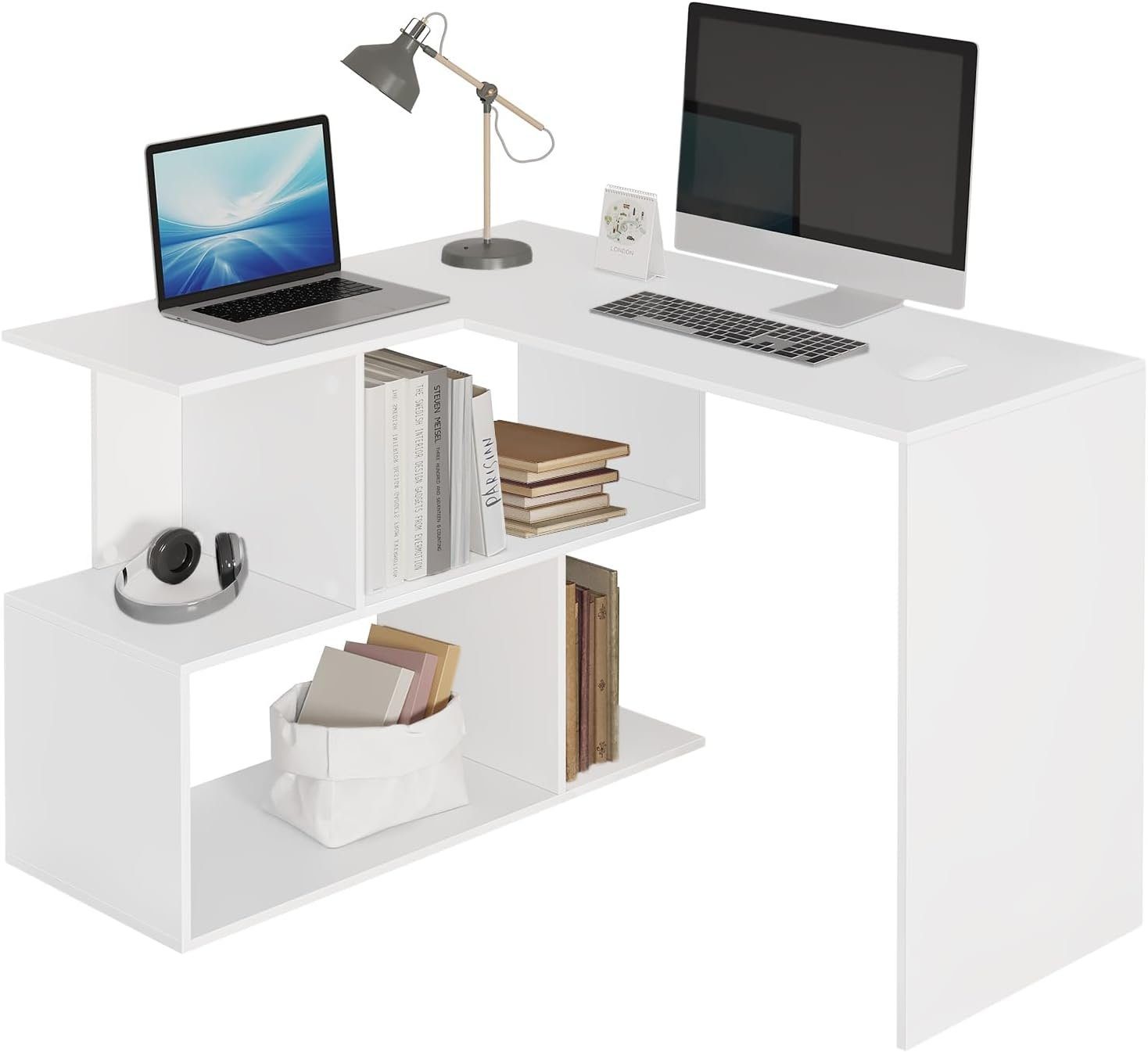Woltu Schreibtisch (1-St), Computertisch Eckschreibtisch mit Ablagen aus MDF Weiß | Weiß