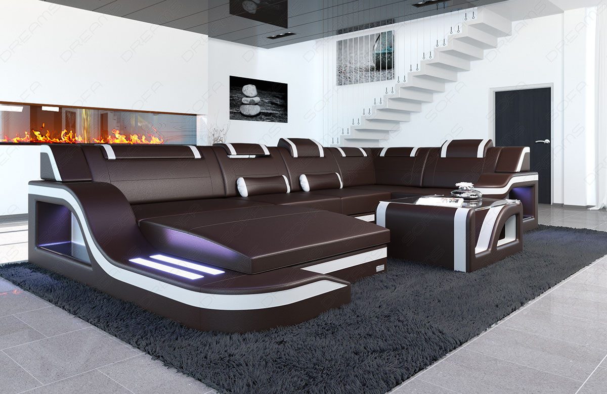Sofa Dreams Wohnlandschaft Ledersofa Palermo U Form Mini, Designersofa Couch, mit LED Licht und USB Anschluss