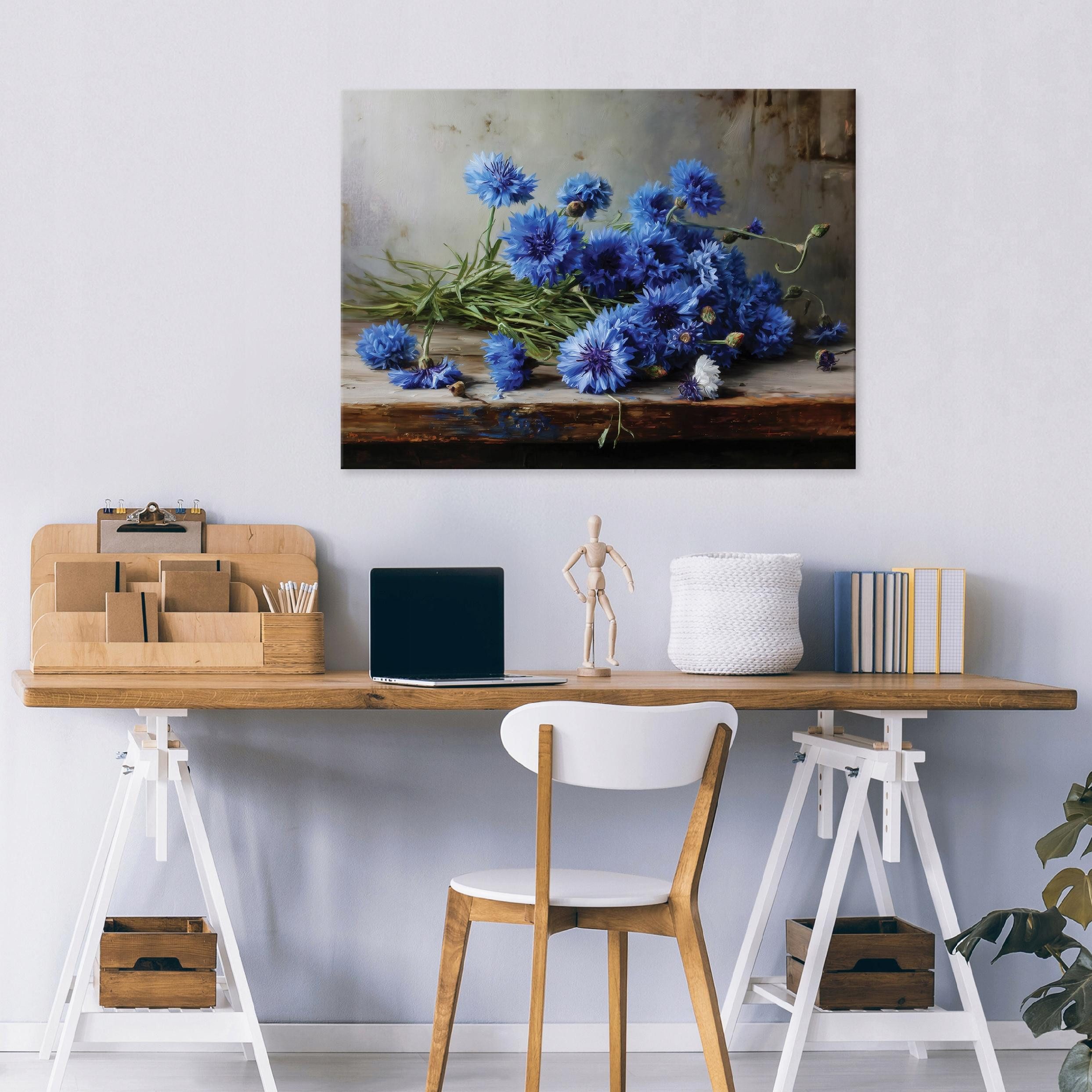 Wallarena Leinwandbild Blumen Vintage - Blau - Wohnzimmer, Blumen, 40x30x2cm